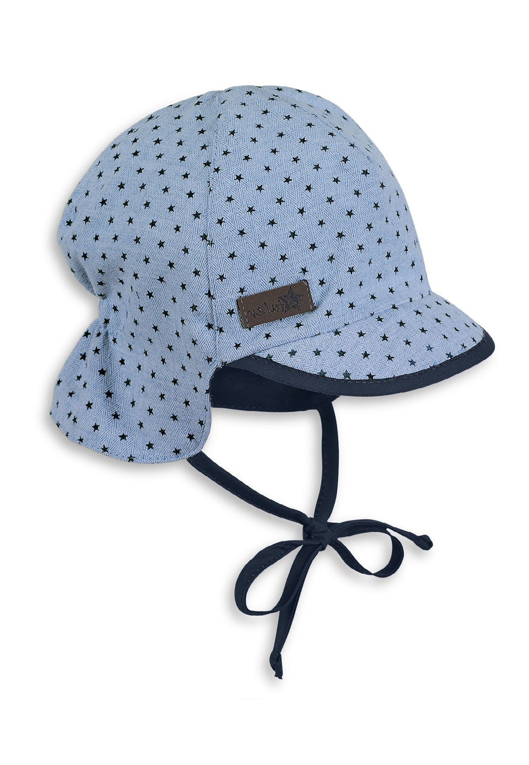 Sterntaler® Strickmütze Schirmmütze mit Nackenschutz mit kleinen mit Bindeband Ohrenklappen) Mütze Kindermütze und (1-St., Sternen Baumwollmischgewebe Schirm
