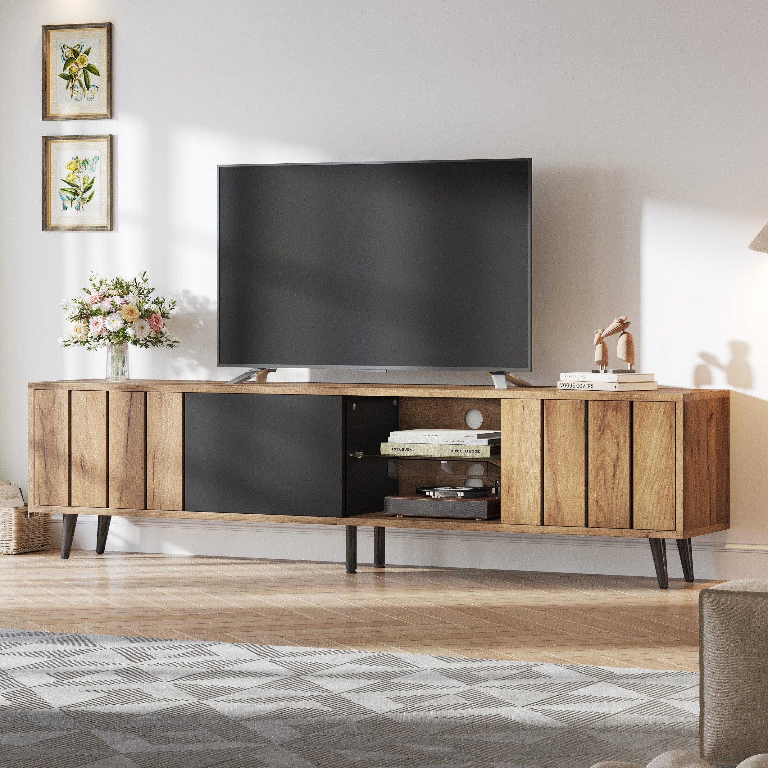 Merax Lowboard Fernsehschrank in Holz-Schwarz (Fernsehschrank 175x31.5x45cm, 1 St), TV-Schrank mit 3 Türen, gehärtetem Glasregal und 6 Stützbeinen