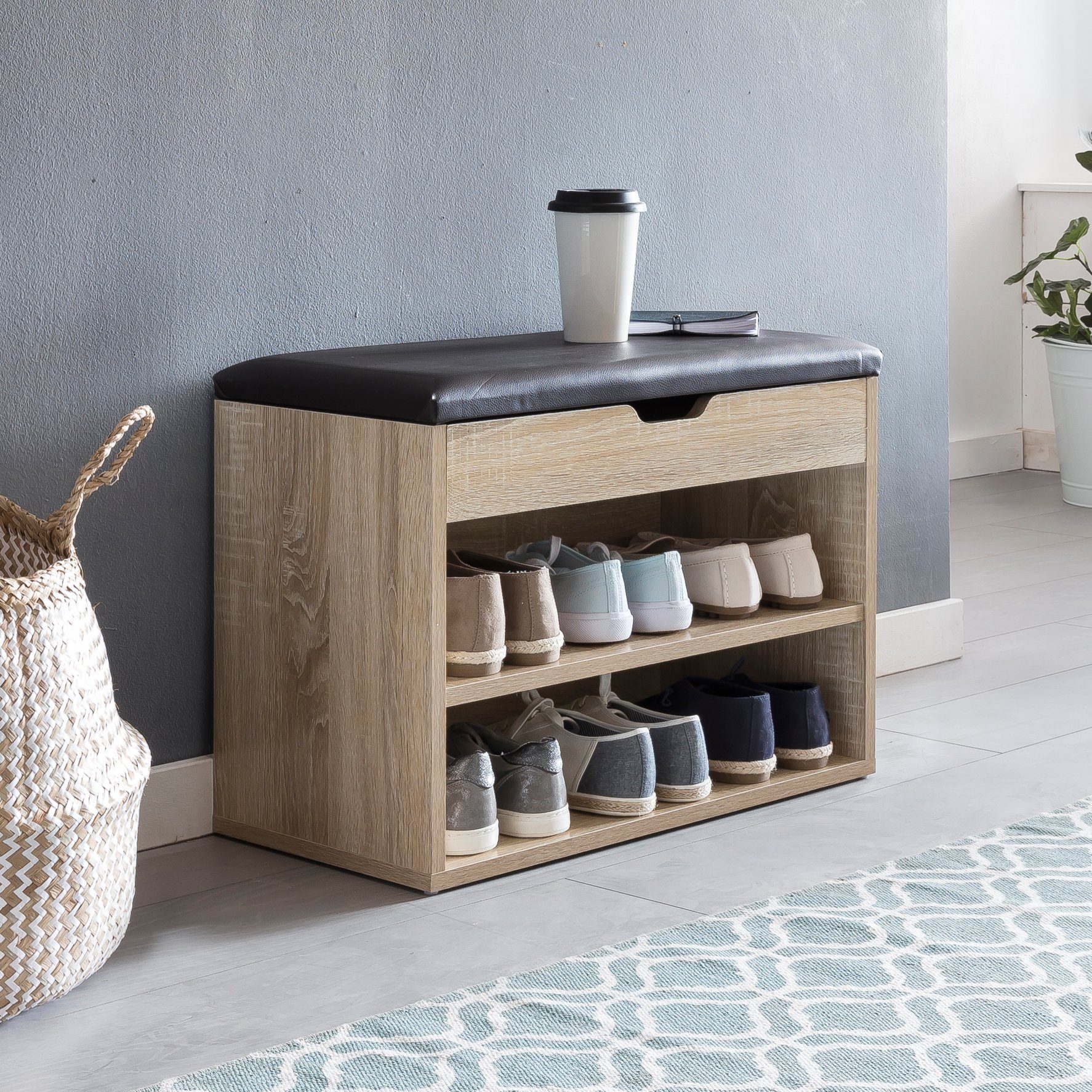 Wohnling Schuhbank WL5.262 (mit Sitzfläche Sonoma, Schuhregal Holz 60x40x30 günstig online kaufen