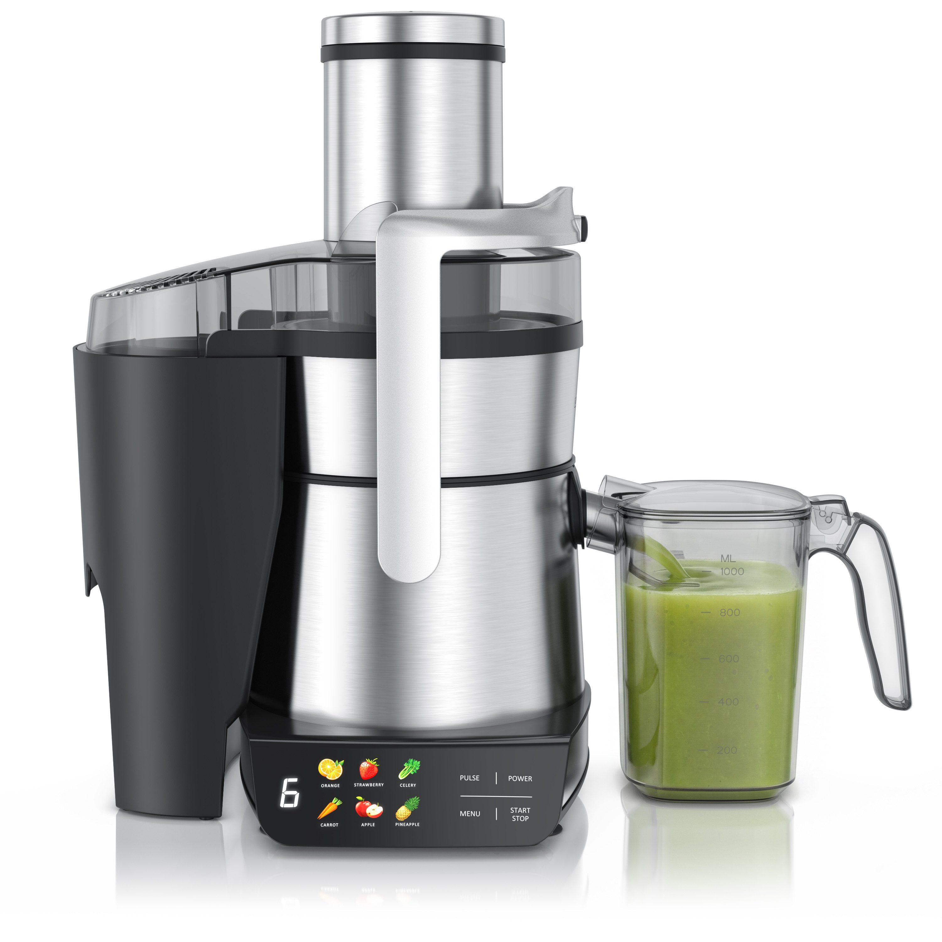 Arendo Zentrifugenentsafter Zentrifugaler Edelstahl digital Entsafter, Obst & Gemüse, Farbsymbole, 1000.0 W, 85mm XXL-Schacht, LED-Touch-Display, BPA-frei & Edelstahl-Design