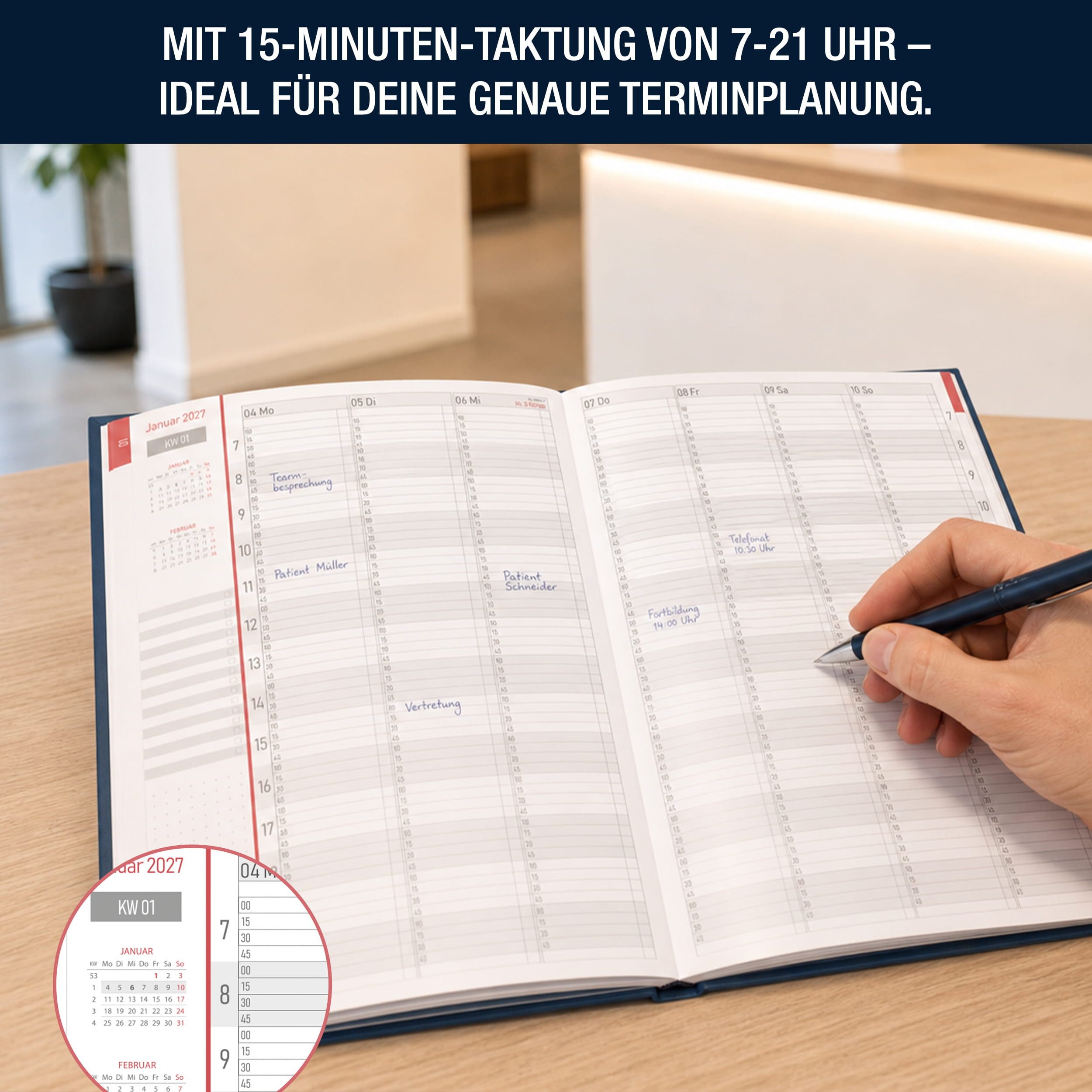 TOBJA Buchkalender Praxisplaner 2027 A4 Navy Hardcover Arztpraxis 15 Min Takt FSC, Hardcover Layflat, A4, 15-Min-Takt 7-21 Uhr, FSC, 23 Mitarbeiter-Plan – Bild 4 von 5
