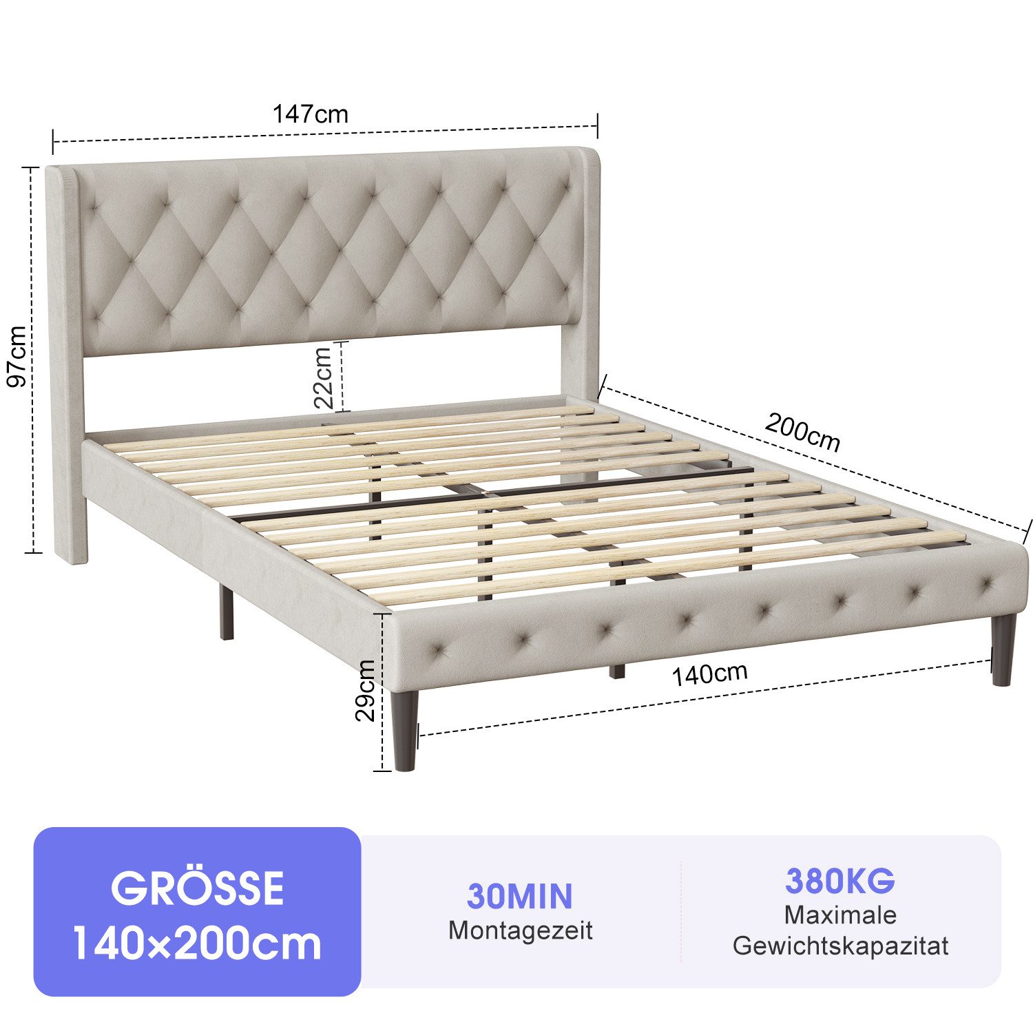 Lexzurn Polsterbett Polsterbett Bett 140x200 mit Lattenrost (Doppelbett mit günstig online kaufen