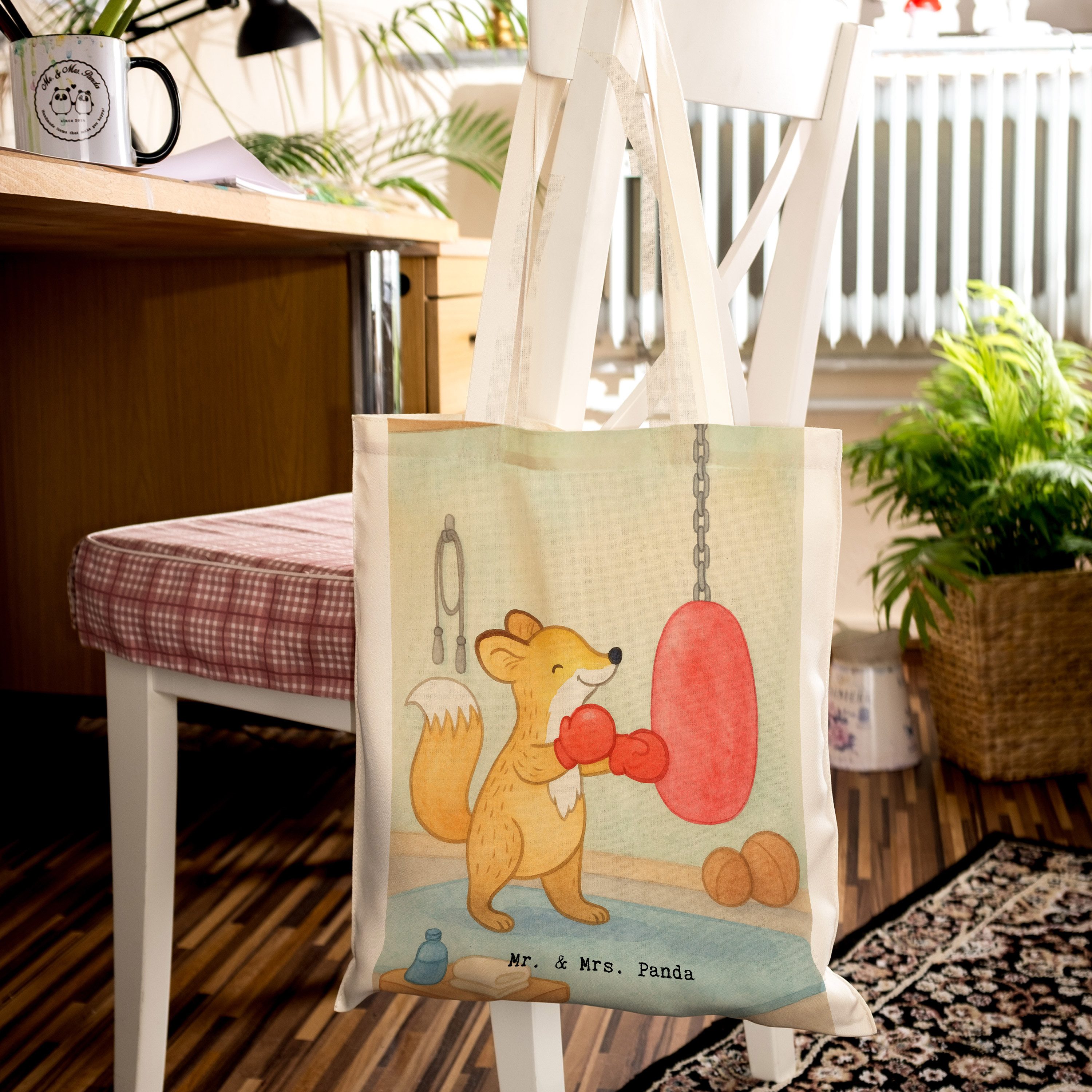Mr. & Mrs. Panda Tragetasche Fuchs Boxen Design, Tote Bag, Weiß, Schultasche, Einkaufstasche, Uni (Packung, Boxen Boxhandschuhe Motivation), Boxtraining festival tasche canvas tasche