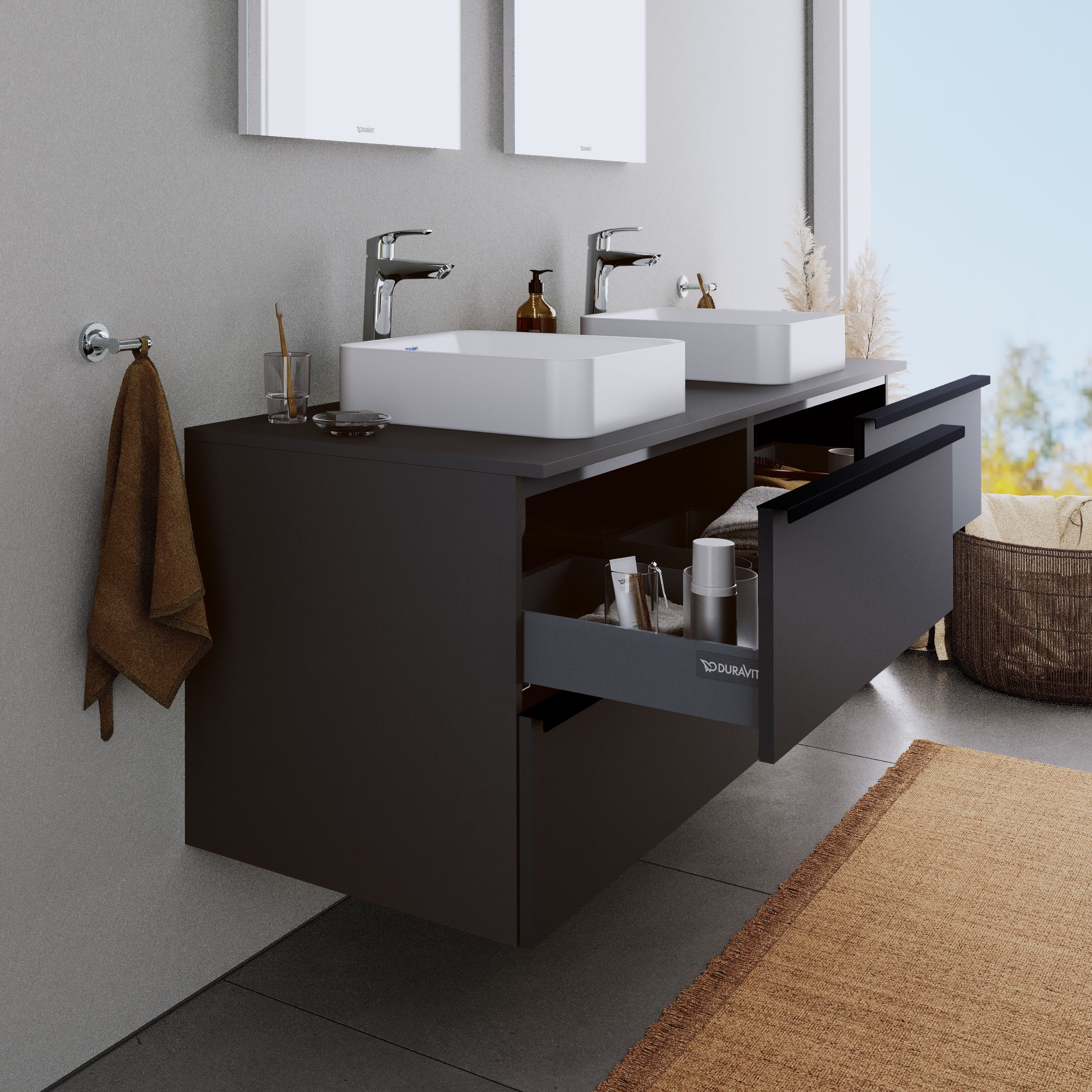 Duravit Waschbeckenunterschrank DuraPoint Graphit matt 160cm Waschtischunterschrank für Aufsatzbecken 4 Auszüge Griffleiste schwarz