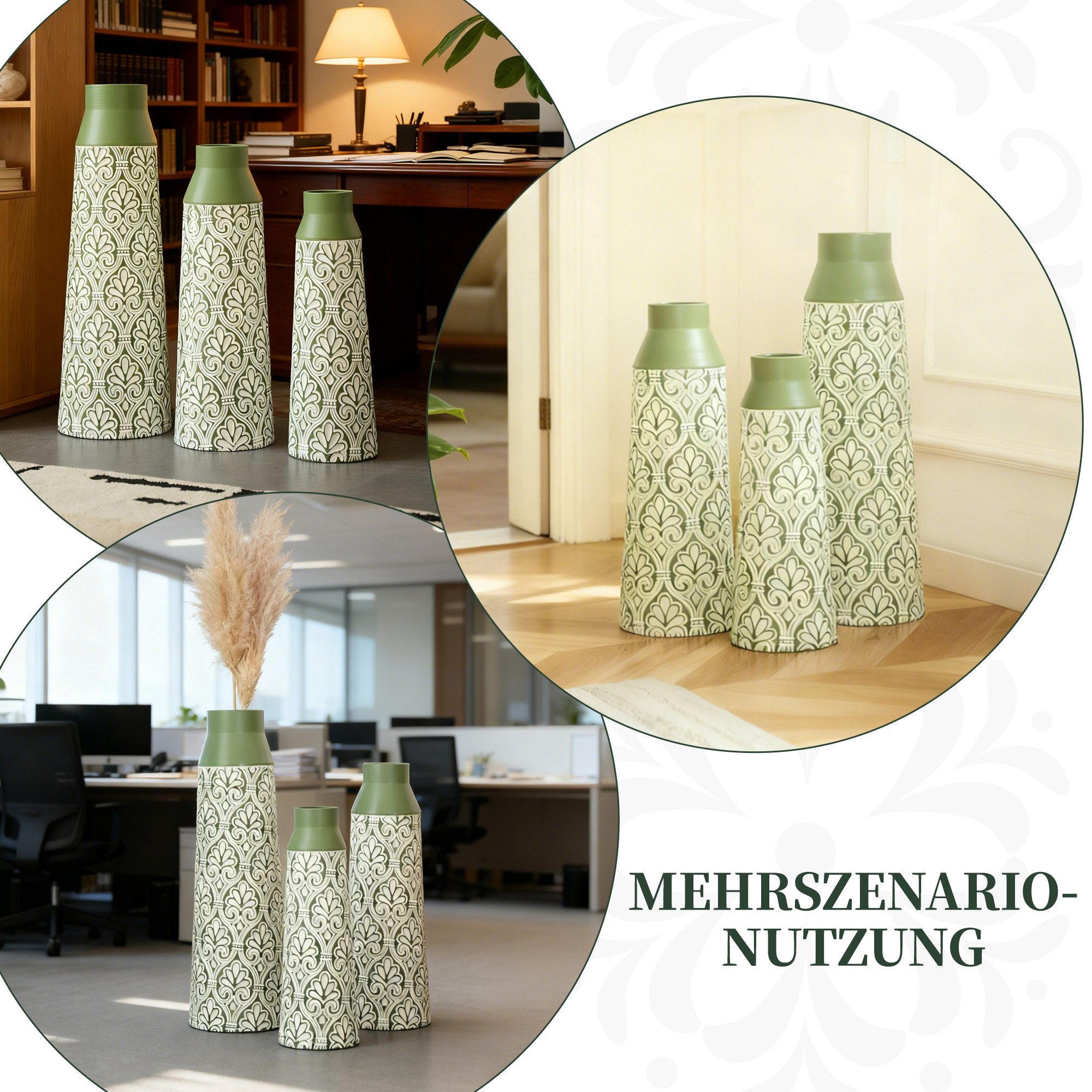 HAUSS SPOLE Bodenvase 3-tlg Dekovasen nicht Wasserdicht,Metallvase Retro Ornament,Grün (für Trockenblumen, Pampasgras oder Kunstblumen), als dekorativer Blickfang auf Boden