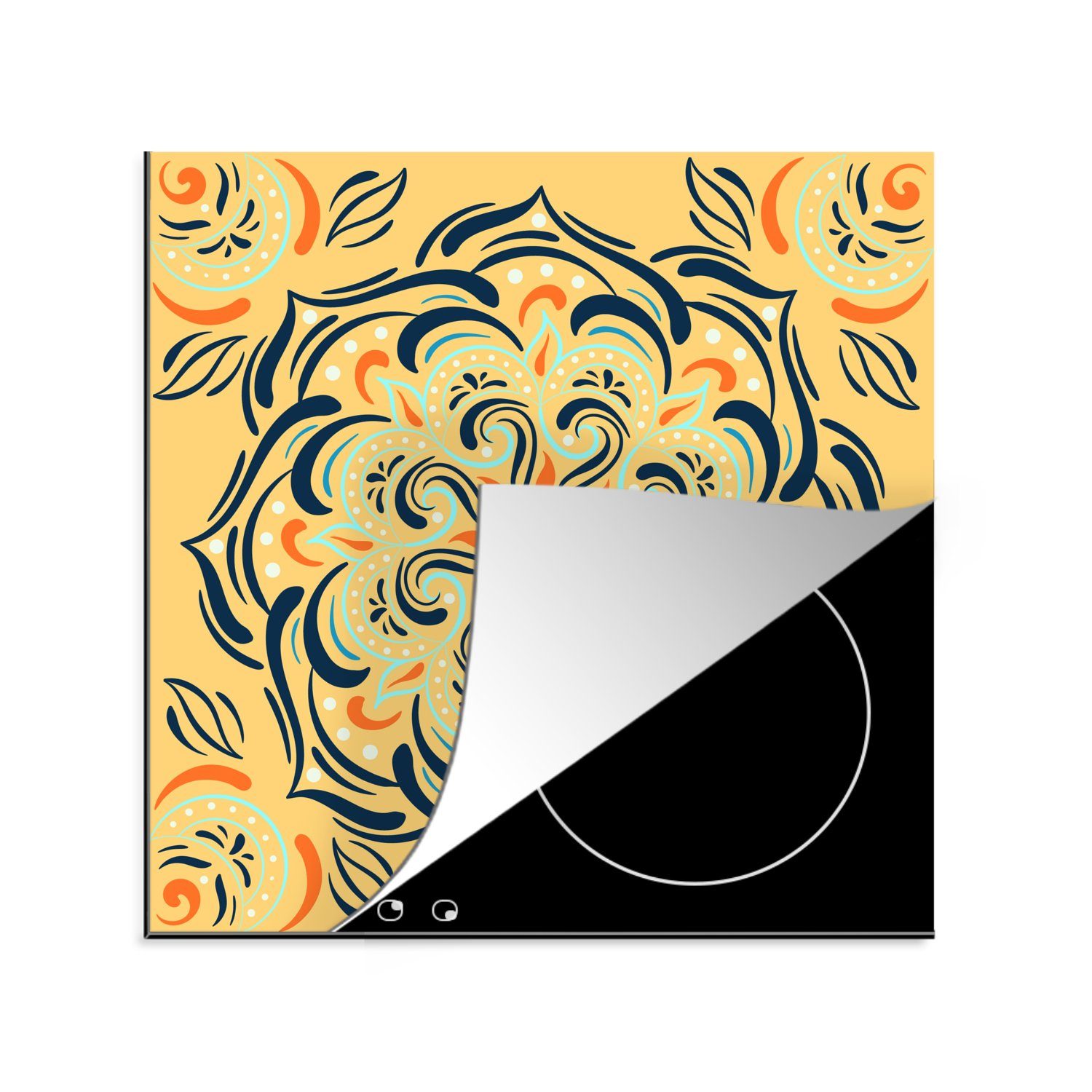 MuchoWow Herdblende-/Abdeckplatte Blume - Blätter - Gelb - Muster, Vinyl, (1 tlg), 78x78 cm, Ceranfeldabdeckung, Arbeitsplatte für küche