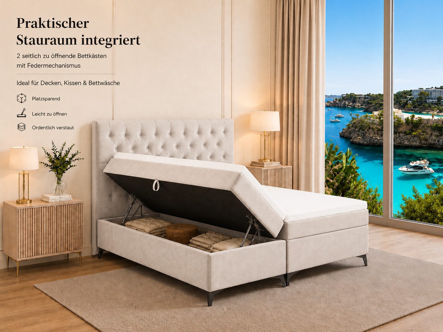 Best for Home Boxspringbett K18 SLIM mit zwei Bettkasten und Komfort Topper H3 (Bonell-Matratze, gepolstertes Kopfteil, Doppelbett versch. Größen, 1-St., 140x20 – Bild 5 von 5