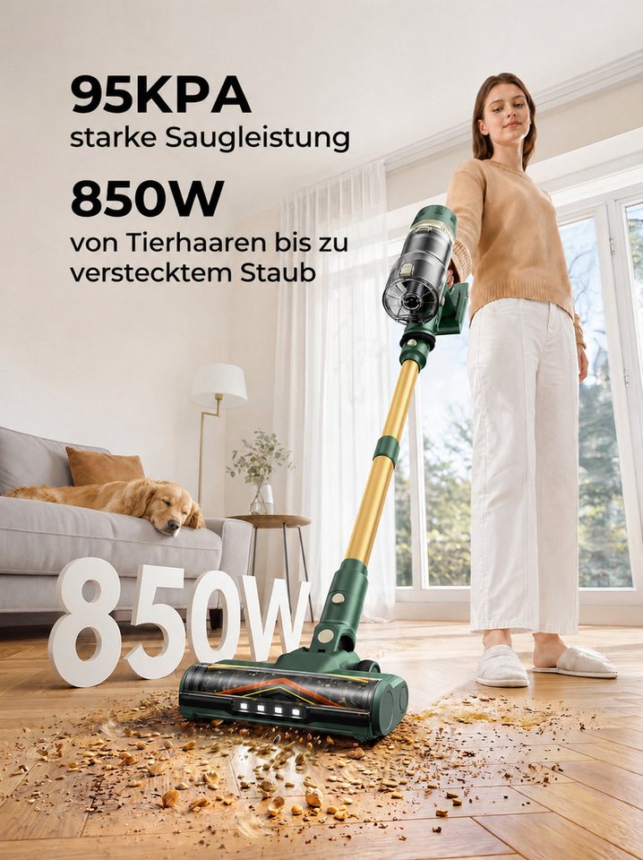 Laresar Akku-Hand-und Stielstaubsauger 95000Pa Akkustaubsauger, 850 W Akku Staubsauger, Akkusauger Kabelloser, 850 W, 95 kPa, 75 Minuten Laufzeit, Abnehmbarer Akku