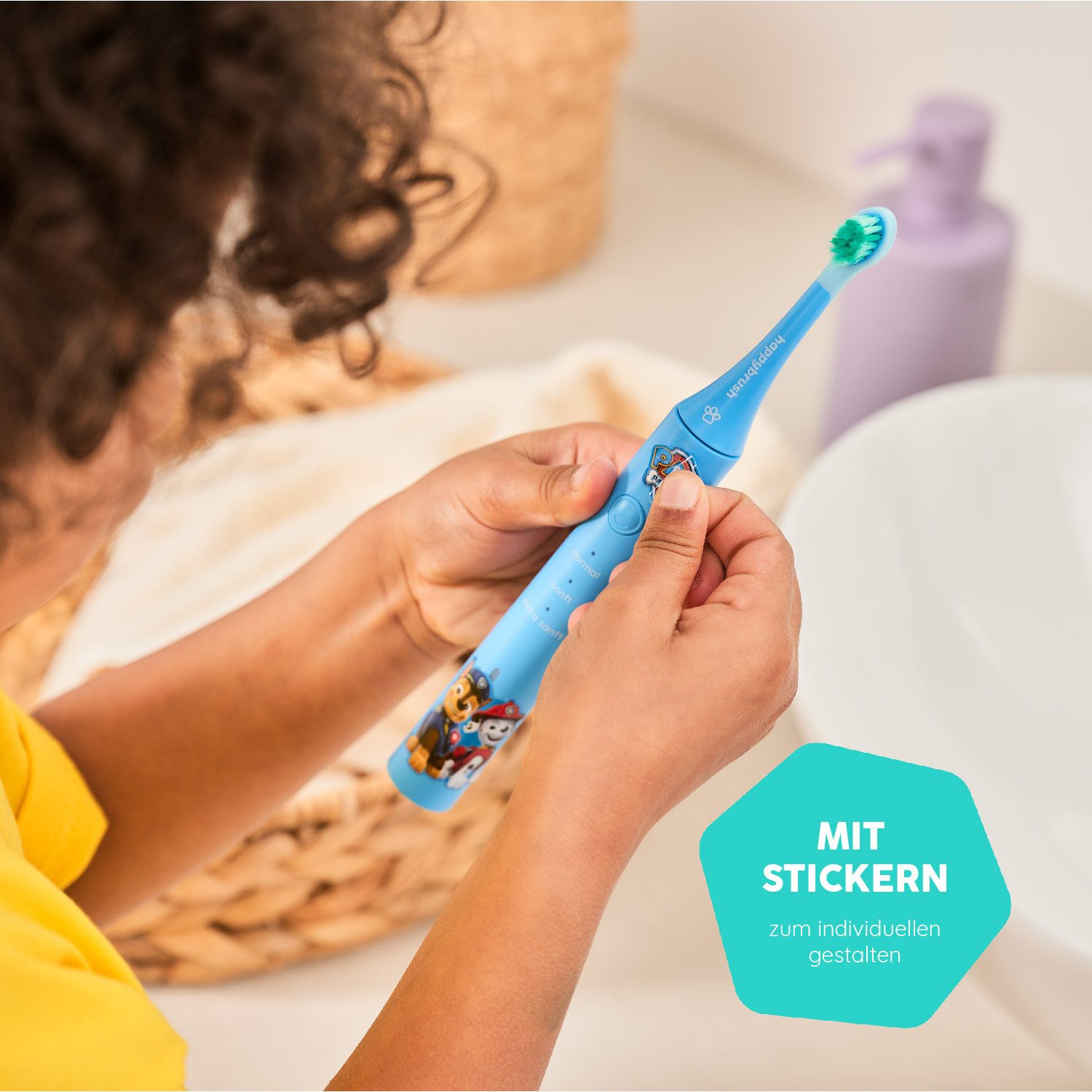 happybrush Elektrische Kinderzahnbürste PawPatrol - 4 Monate Akku - 100 Tage Probeputzen - mit Stickern, Aufsteckbürsten: 4 St., PawPatrol Kinderlernzahnbürste, 16x PawPatrol Sticker, 4 Wochen Akkulaufzeit, 3 Reinigungs-Modi