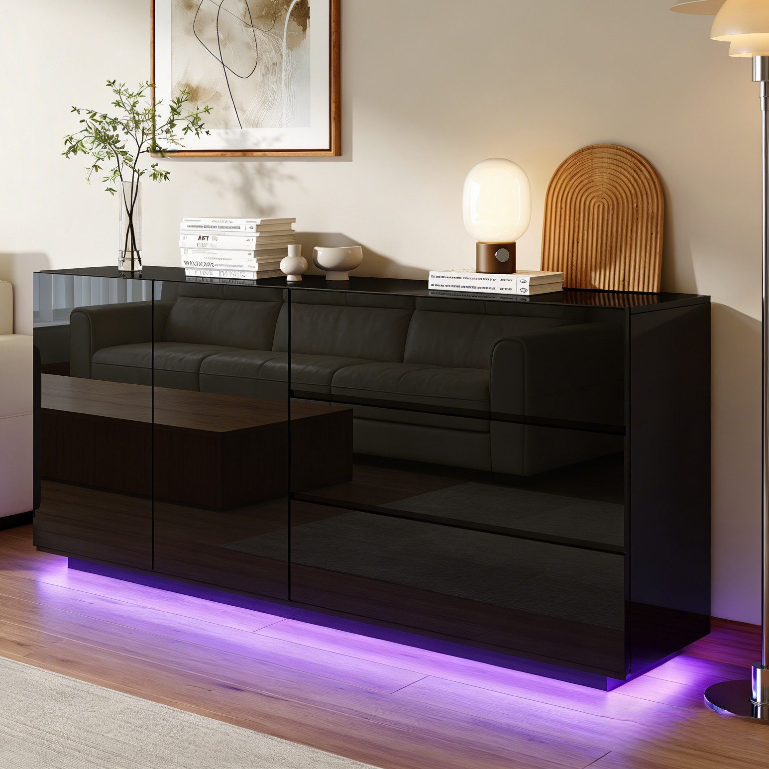 Furnishings Home Sideboard Mehrzweckschrank LED Hochglanz Buffetschrank, Breite 160 cm (1 St., Beistellschrank mit 2 Türen und 3 Schubladen), Mit LED-Beleuchtung, Push-to-open-Funktion