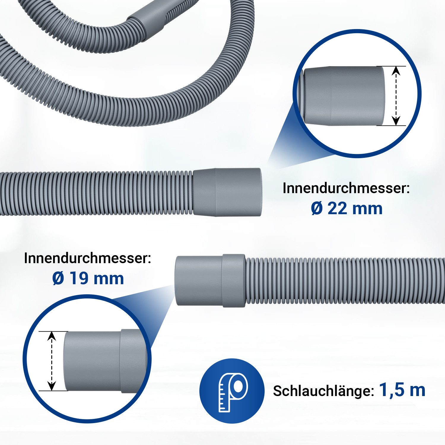 VIOKS Ablaufschlauch Abwasserschlauch 19/22 mmØ Verlängerung, Zubehör für Waschmaschine Geschirrspüler, Universal Flexibel 1,5 / 2 / 2,5 / 3 / 4 Meter