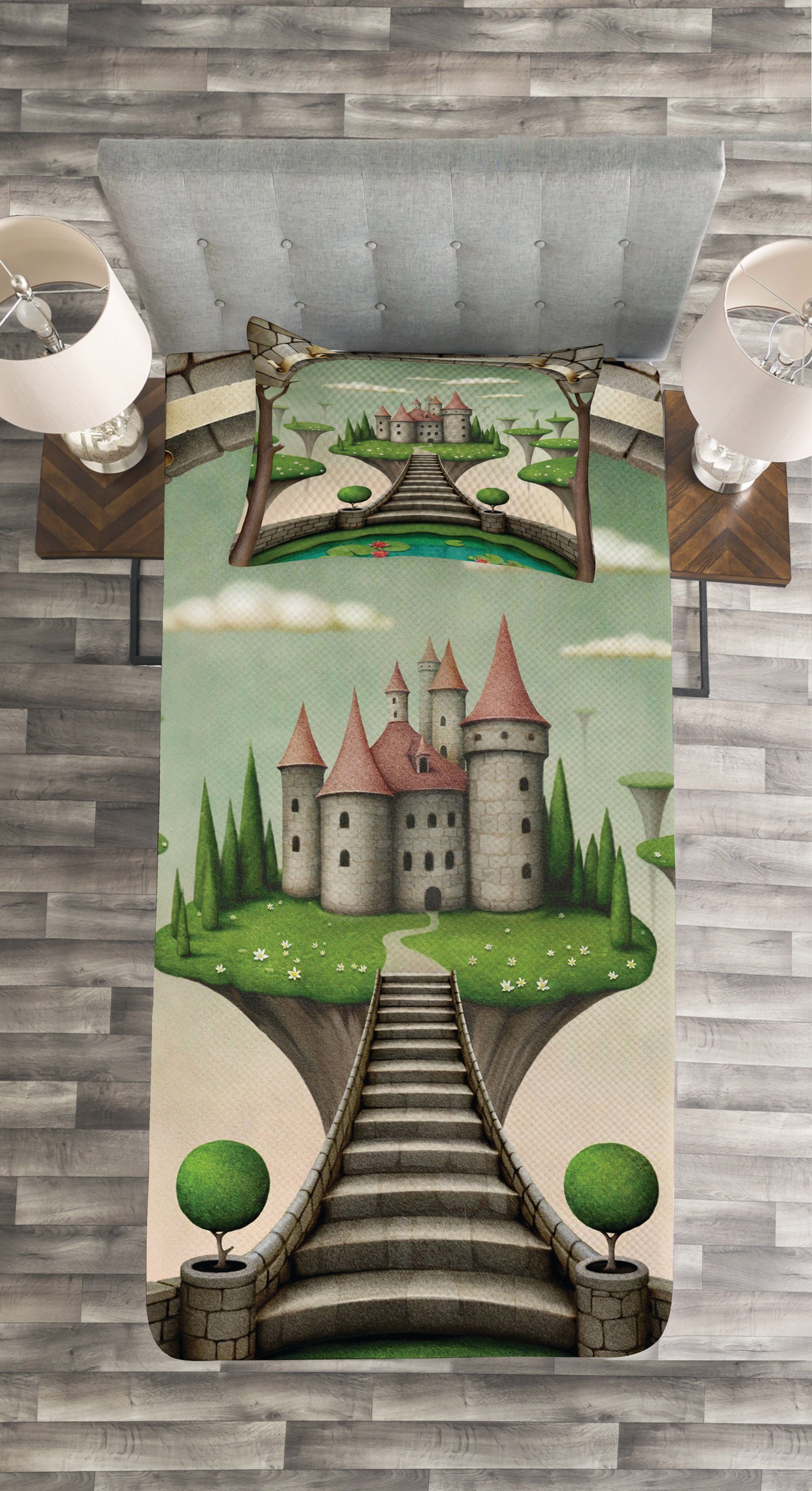 Boho mit Wandgemälde Wiesen Kissenbezügen Waschbar, Set Tagesdecke und Schloss Abakuhaus,