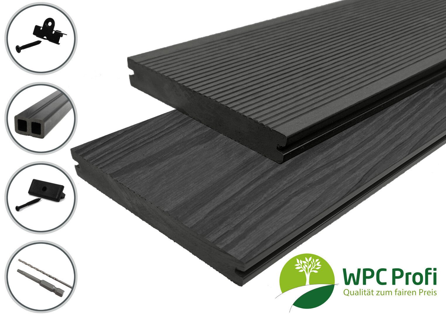 WPC Profi Terrassendielen Terrassen Garten Massiv Diele 20mm, (Komplettset, mit Unterkonstruktion, Clips und Schrauben)