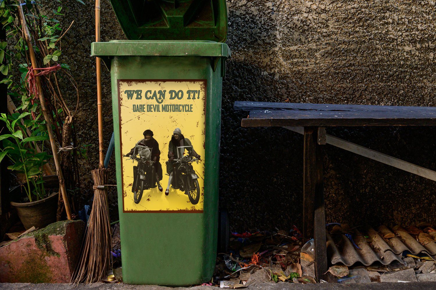 MuchoWow Wandsticker Motorrad - Oldtimer Sticker, Mülltonne, Frauen Container, - Abfalbehälter (1 - Mülleimer-aufkleber, Zitat St)