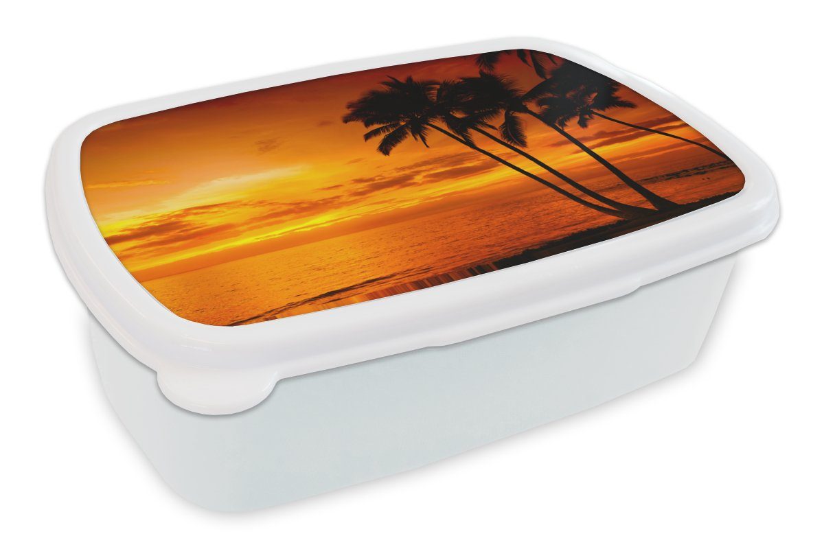 MuchoWow Lunchbox Palme - Sonnenuntergang - Tropisch - Orange - Meer, Kunststoff, (2-tlg), Brotbox für Kinder und Erwachsene, Brotdose, für Jungs und Mädchen weiß