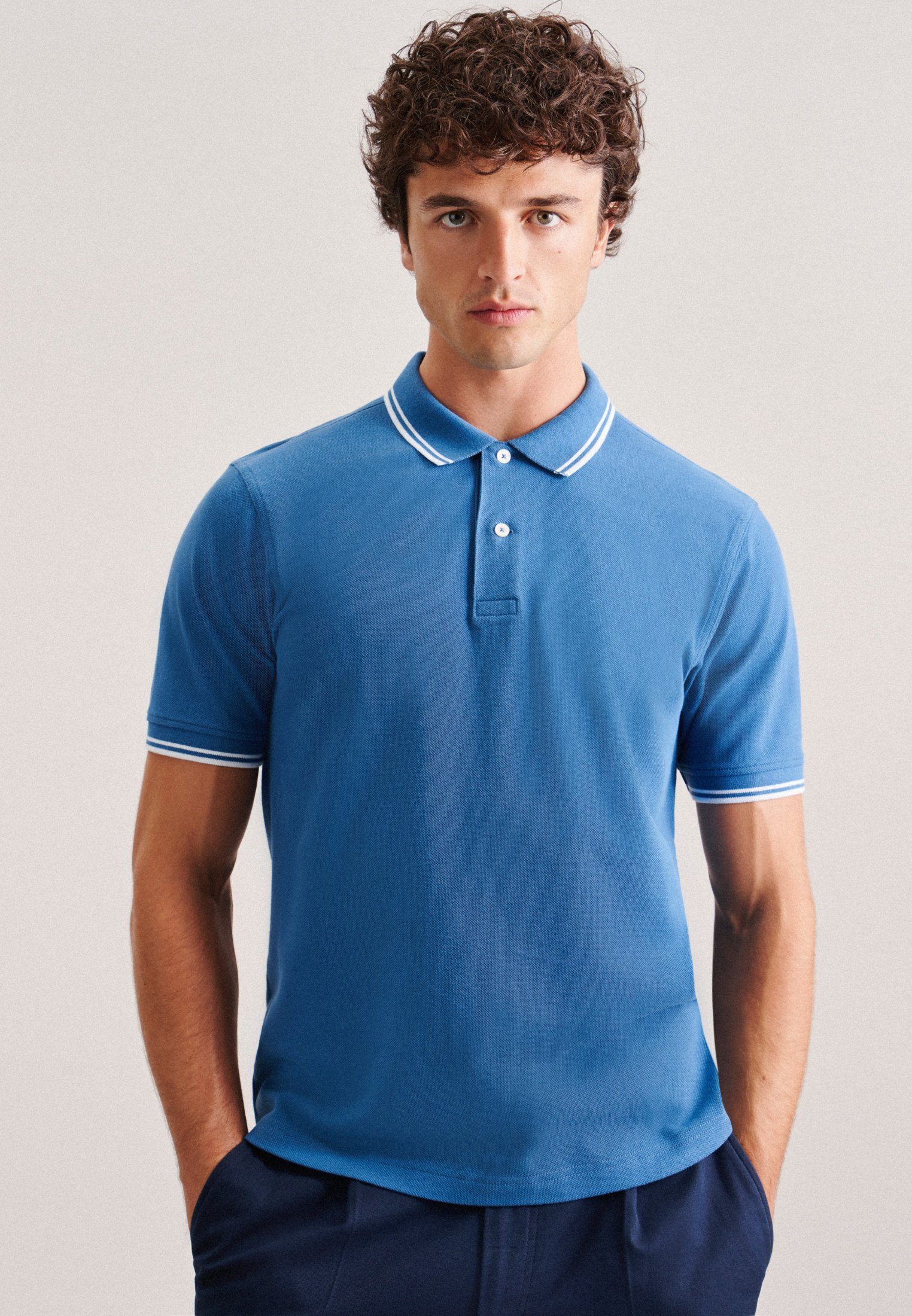 Kragen Uni Regular Poloshirt Kurzarm Mittelblau seidensticker