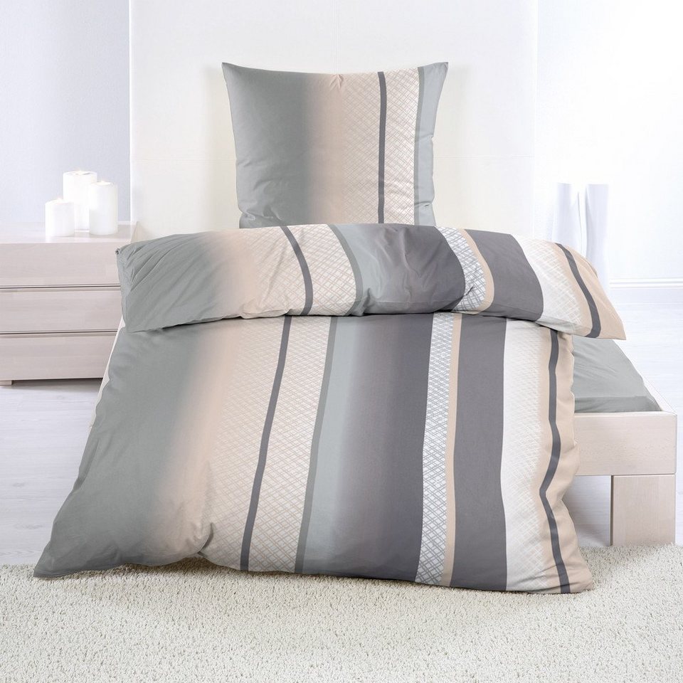 Biberna Linon Bettwäsche Set 135x200cm 100% Baumwolle Reißverschluss grau/weiß