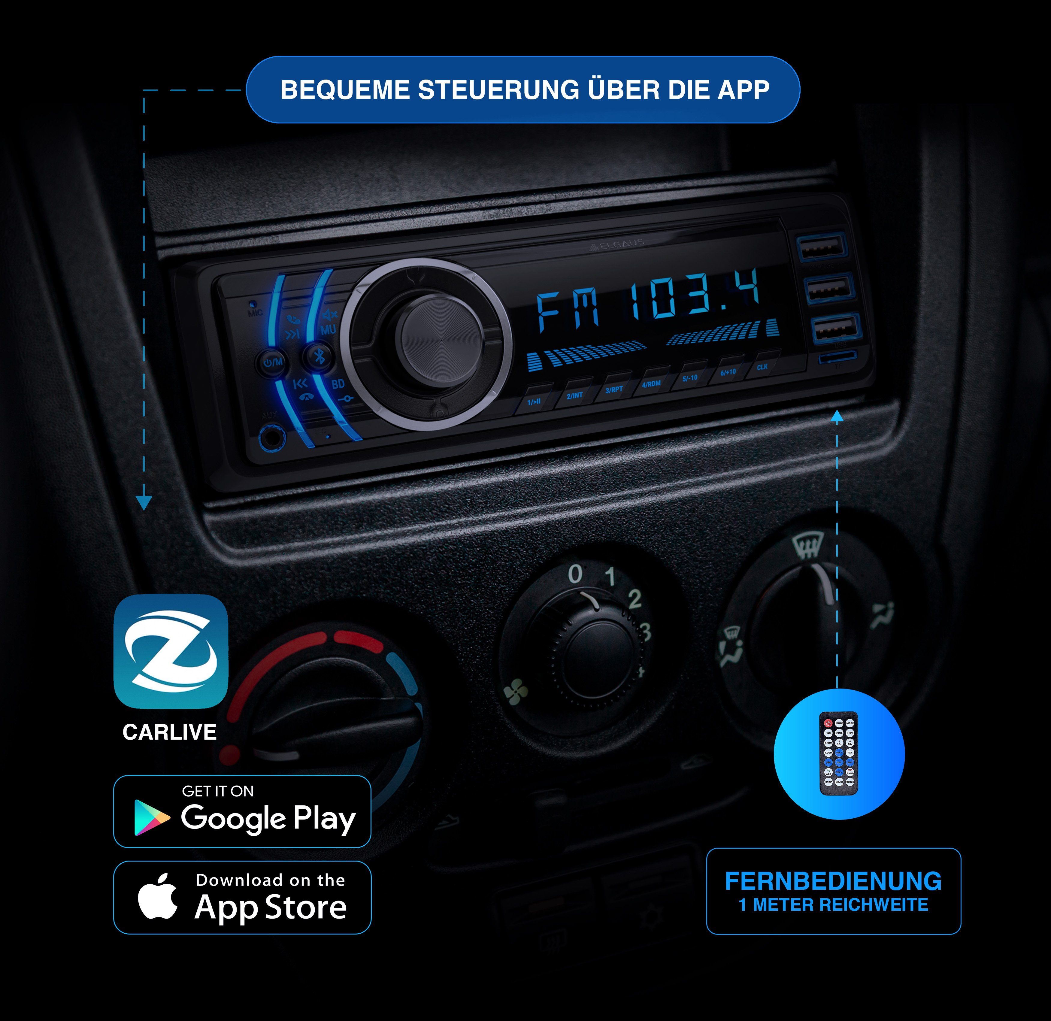 Autoradio in ELGAUS RDS, 1 Din ID3, RDS, (FM/AM, Fernbedienung, Manual DE/EN) OM-170P Appsteuerung, Bluetooth,