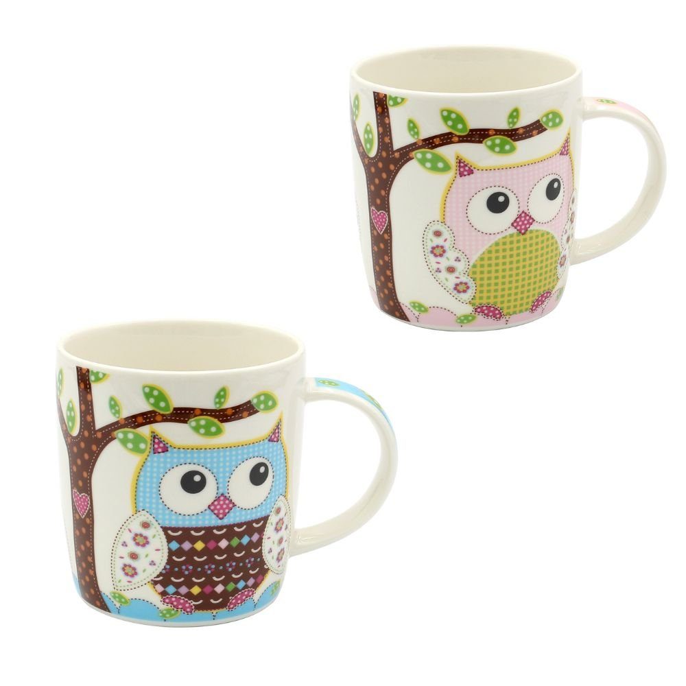 Dekohelden24 Tasse 2er Set aus - Kaffeebecher Motiv: Kaffeetasse Eulen, Porzellan Porzellan bunte