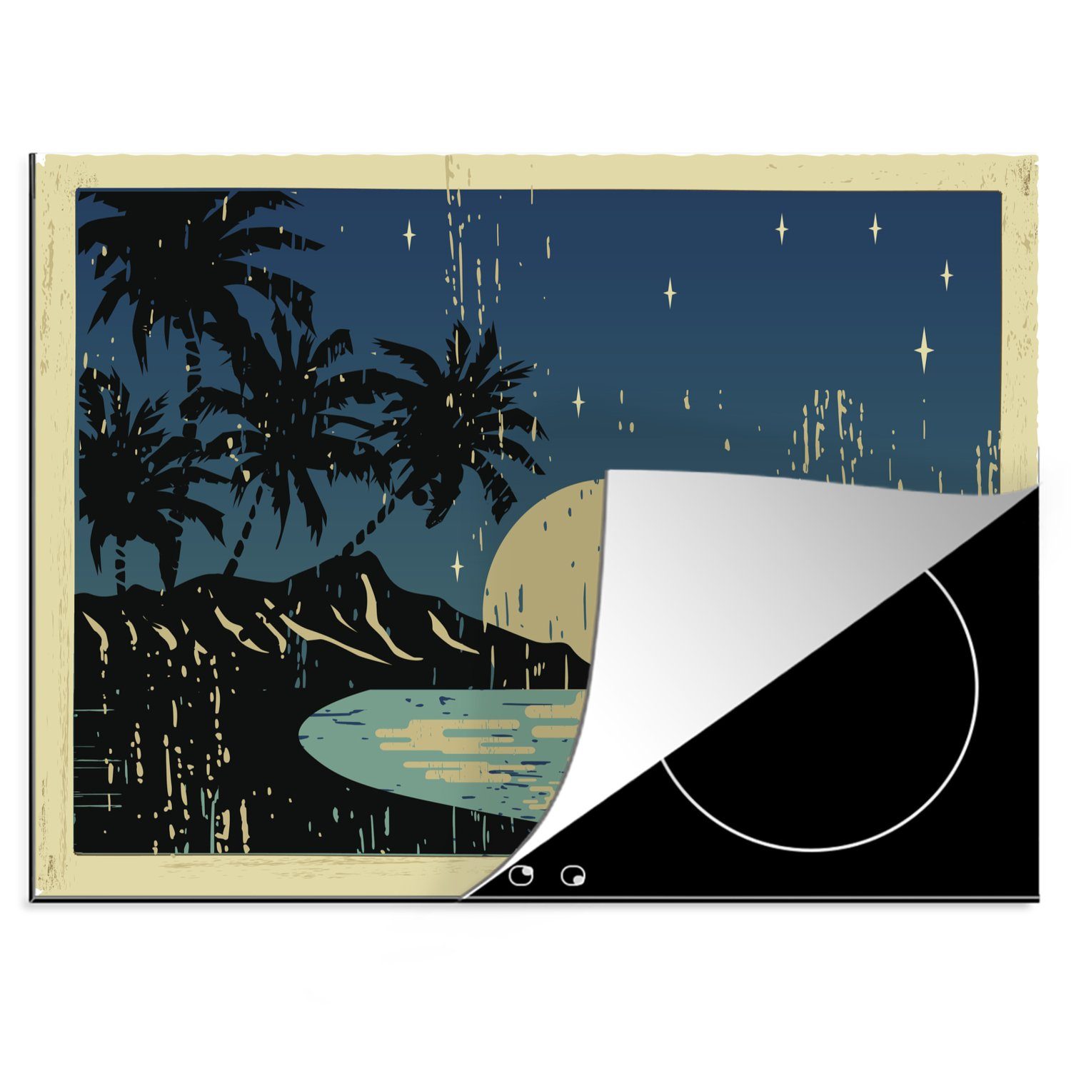 MuchoWow Herdblende-/Abdeckplatte Vintage-Postkarte mit einer tropischen Illustration, Vinyl, (1 tlg), 70x52 cm, Mobile Arbeitsfläche nutzbar, Ceranfeldabdeckung
