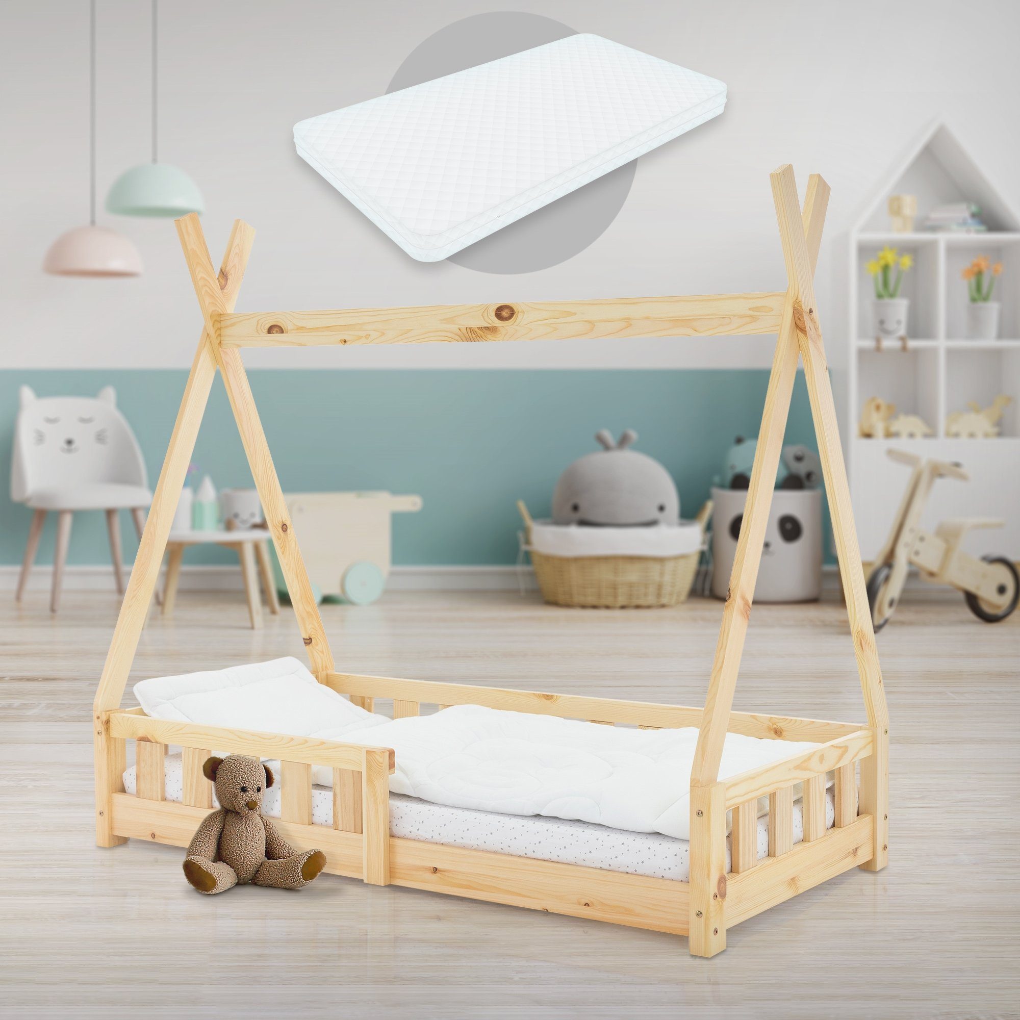 ML-DESIGN Kinderbett Kinderbett mit Rausfallschutz und Lattenrost inkl.  Matratze 70x140 cm, Kinderbett in Tipi-Optik von ML-Design