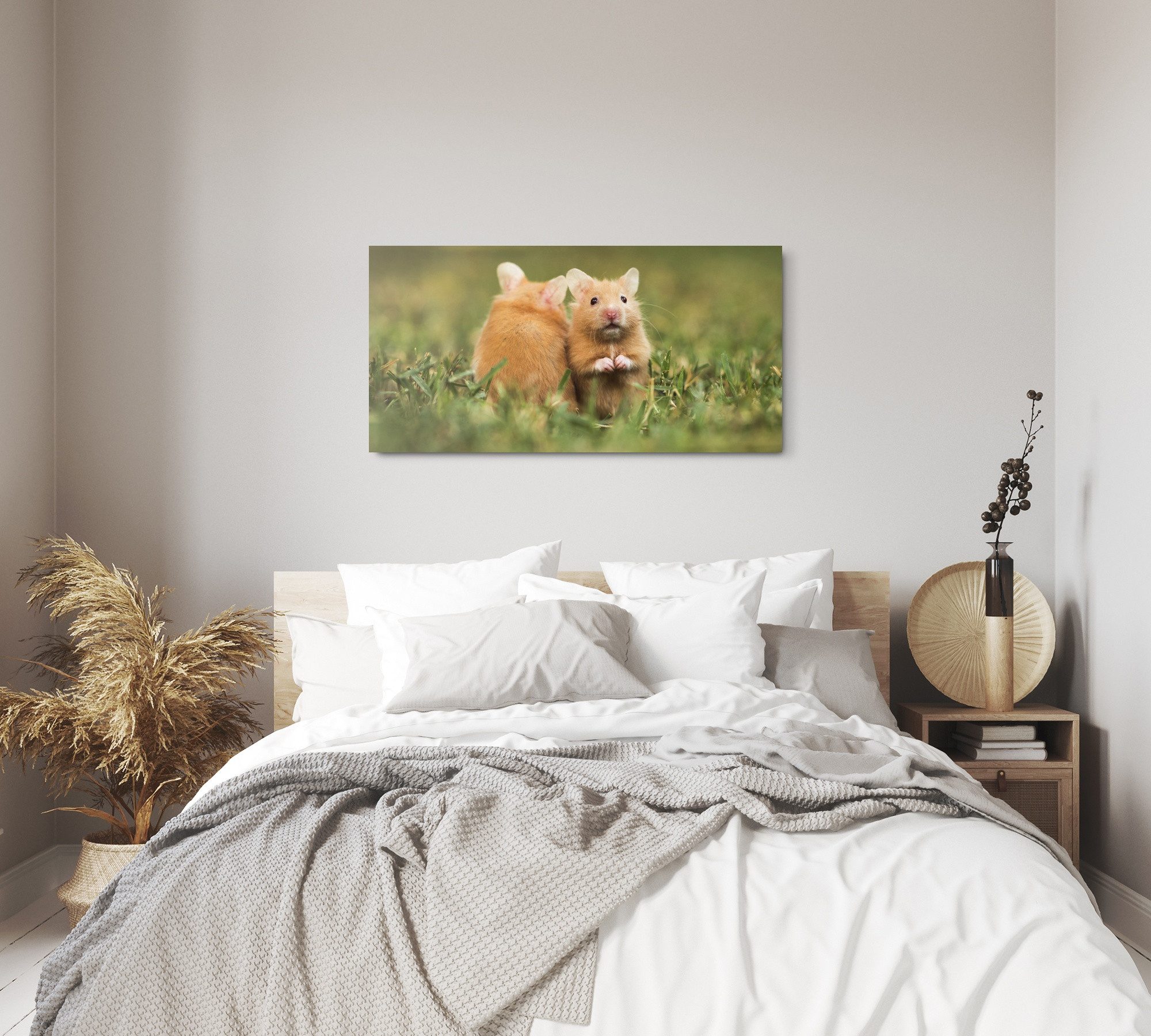 Sinus Art Leinwandbild Kunstdruck Bilder 120x60cm Kleine Hamster im Gras Wiese Grün Nager, (1 St)