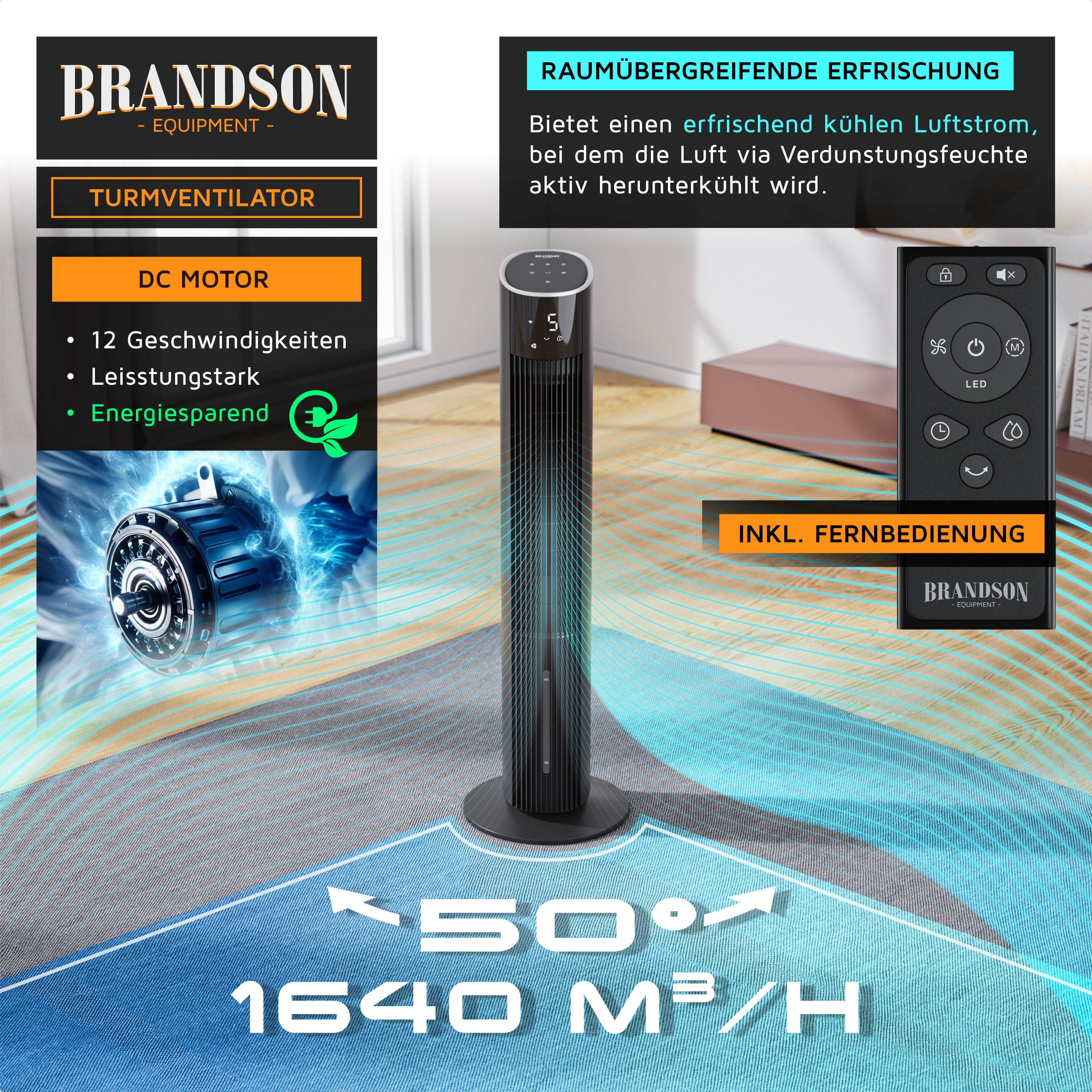 Brandson Ventilatorkombigerät mobiler Luftkühler mit Wasserkühlung, 3,5L Wassertank, Klimagerät, 60W, WIFI Luftbefeuchter, Verdunstungskühler, ECO DC-Motor, Turmventilator