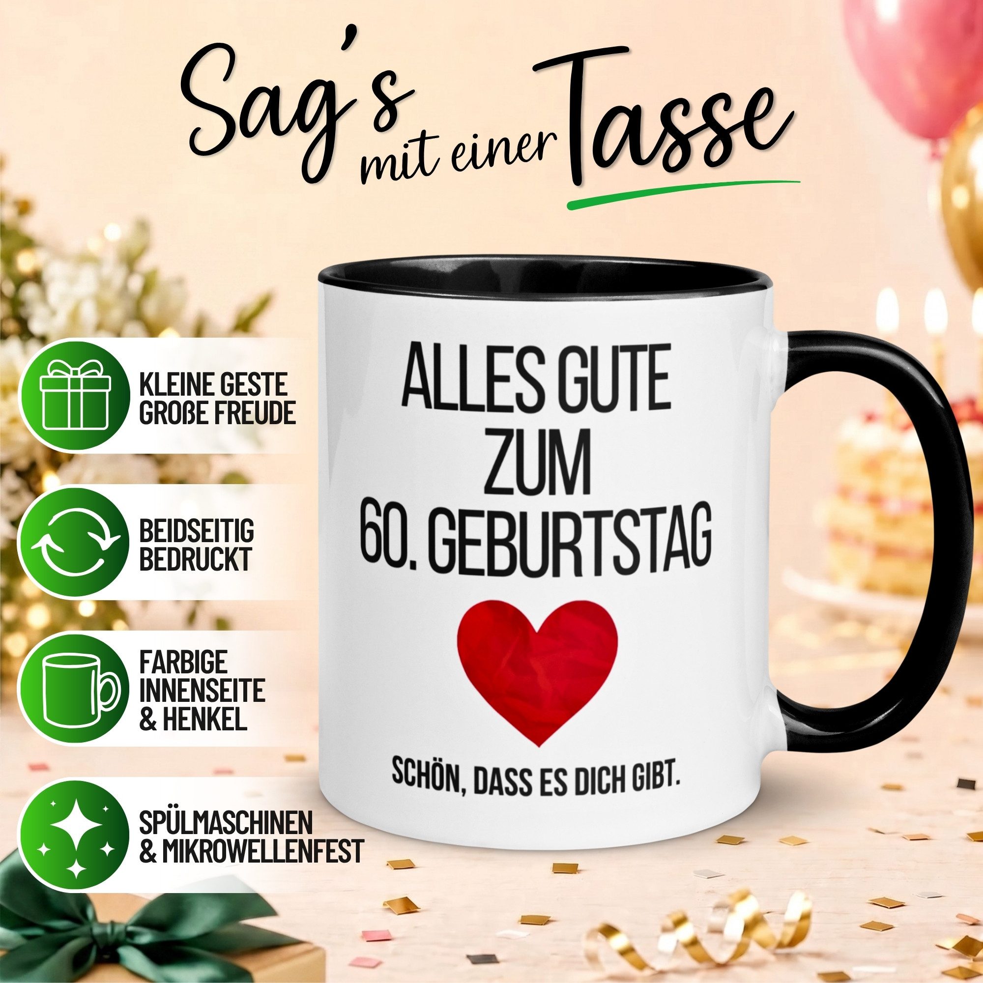 Momentals Tasse 60. Geburtstag Mann Frau – „Alles Gute“ – Geburtstagsgeschenk, Gratis Versand · Links-&Rechtshänder · Spülmaschinenfest