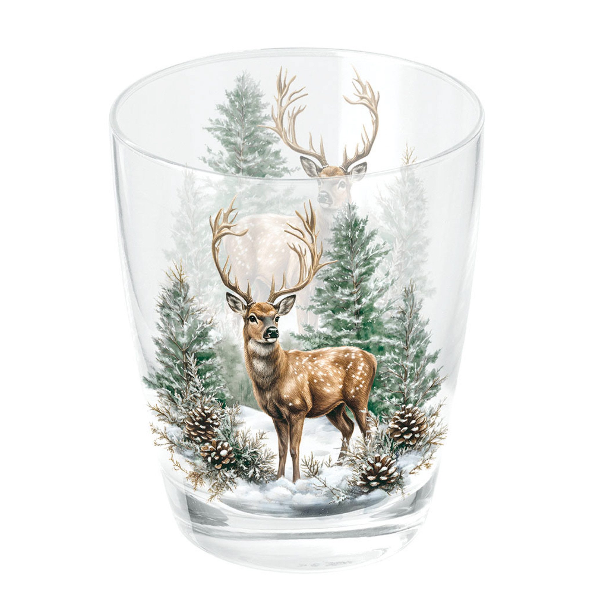 Ambiente Luxury Paper Products Becher, Glas, Trinkglas 9,5cm mit Hirsch Winterwald Motiv Braun Grün