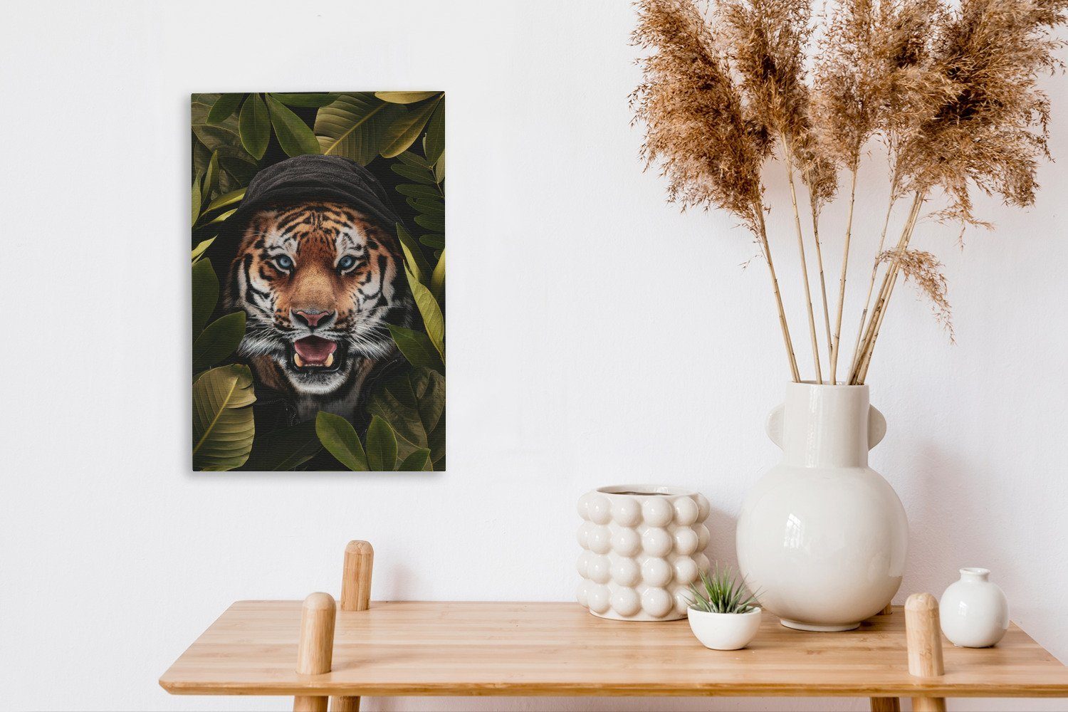OneMillionCanvasses® Leinwandbild Tiger - Zackenaufhänger, Gemälde, fertig inkl. Pflanzen, 20x30 cm St), Blätter bespannt (1 Leinwandbild 