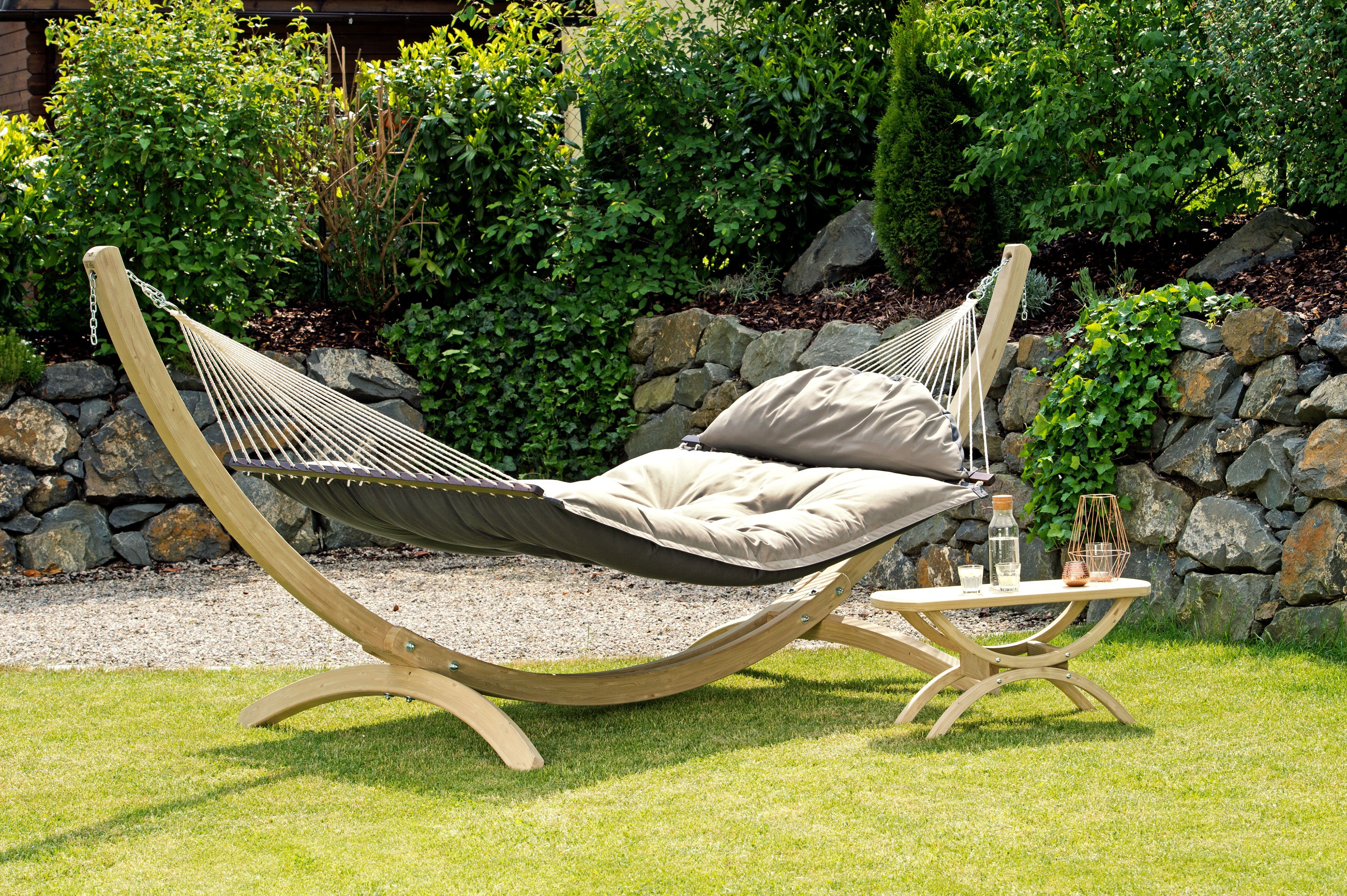 Amazonas Hängematte XXL Set Fat Hammock Taupe + Olymp-Gestell aus FSC-zertifiziertem Holz (Zweiseitig, Fat Hammock Set Taupe)