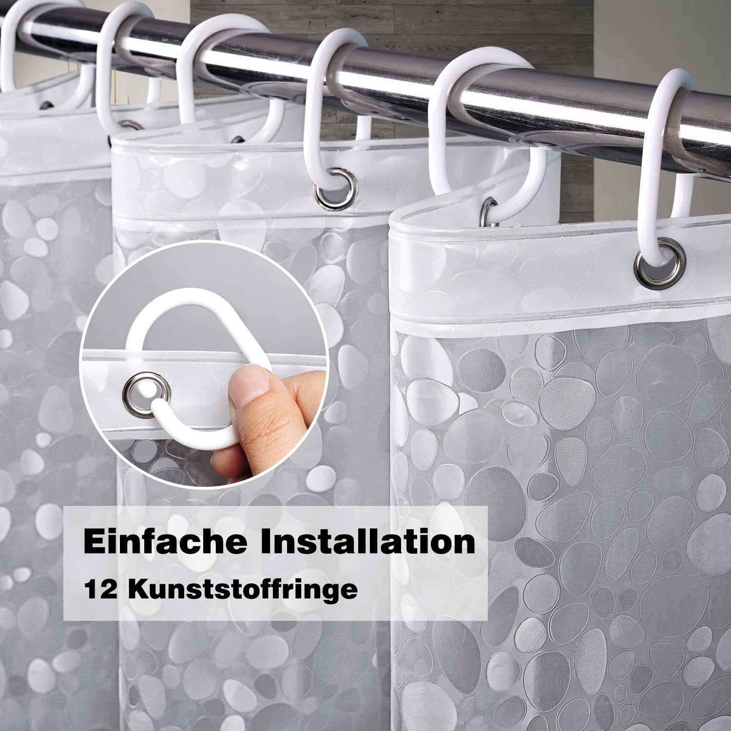 FOUORTUNATE-BEE Duschvorhang Antischimmel Duschvorhang Transparent mit 3D Kieselsteinen Muster Breite 180 cm (Wasserdicht Eva Plastik Dusch Vorhang für Badewanne mit 12 Ringe)
