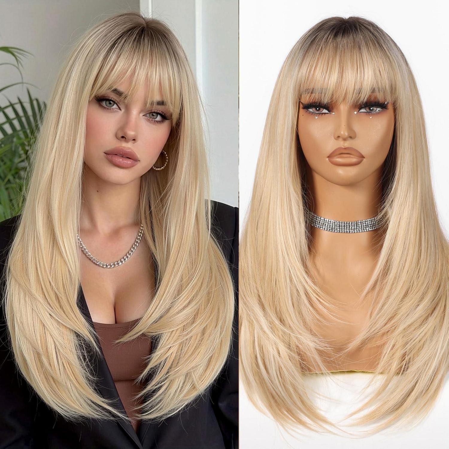 LuxusKollektion Kunsthaarperücke Perücke lang gestuft Pony 22 Zoll synthetisch Ombre Blond