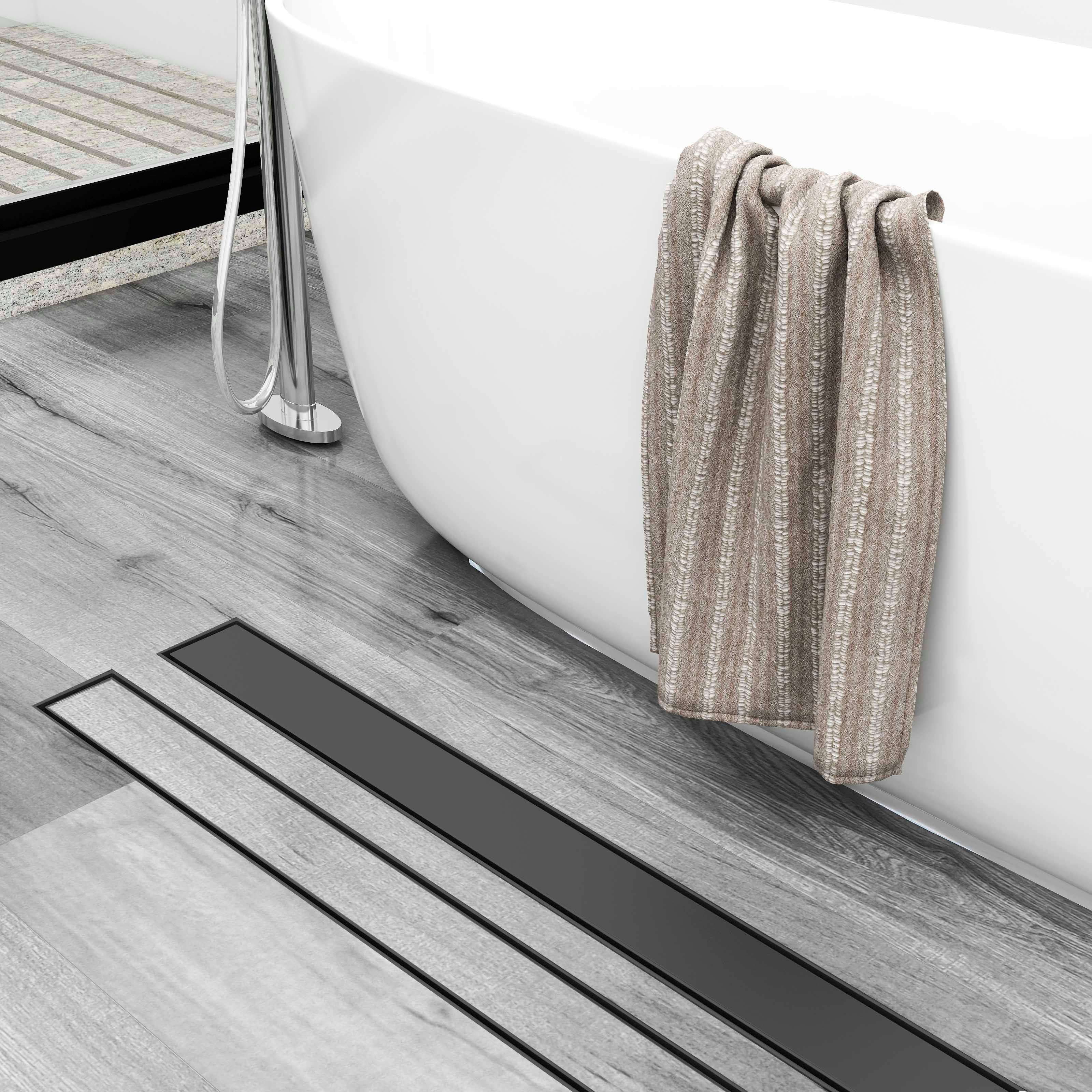 duschspa Duschrinne Edelstahl 2 in 1 Bodenablauf Schwarzmatt 60-90 cm,mit Geruchsstop und Haarsieb Randablauf, mit Bodenbefestigung, Bodenablauf-Komplettset