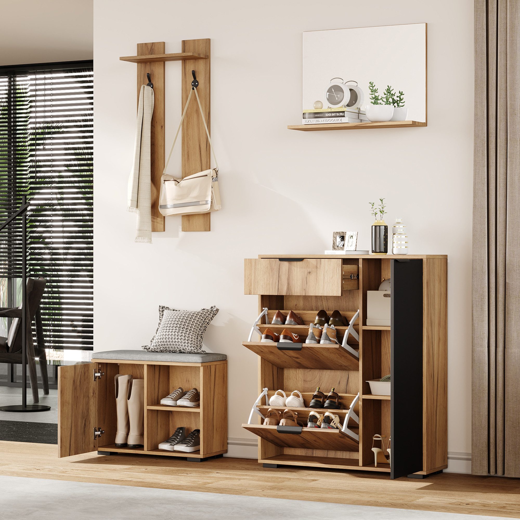 Refined Living Garderoben-Set Flur-Garderoben-Set mit Schuhbank, Spiegel, Haken, 4 Türen 140 cm, (Garderoben-Set, Flurmöbel, Schuhschrank, Schuhbank, Wandgarderobe, 140x35x139 cm, Natur, Spanplatte, 1-St., mit Spiegel, Schublade, 2 Haken, 4 Türen, Sitzpolster), verstellbare Böden, platzsparend, modern, Kippsicherung