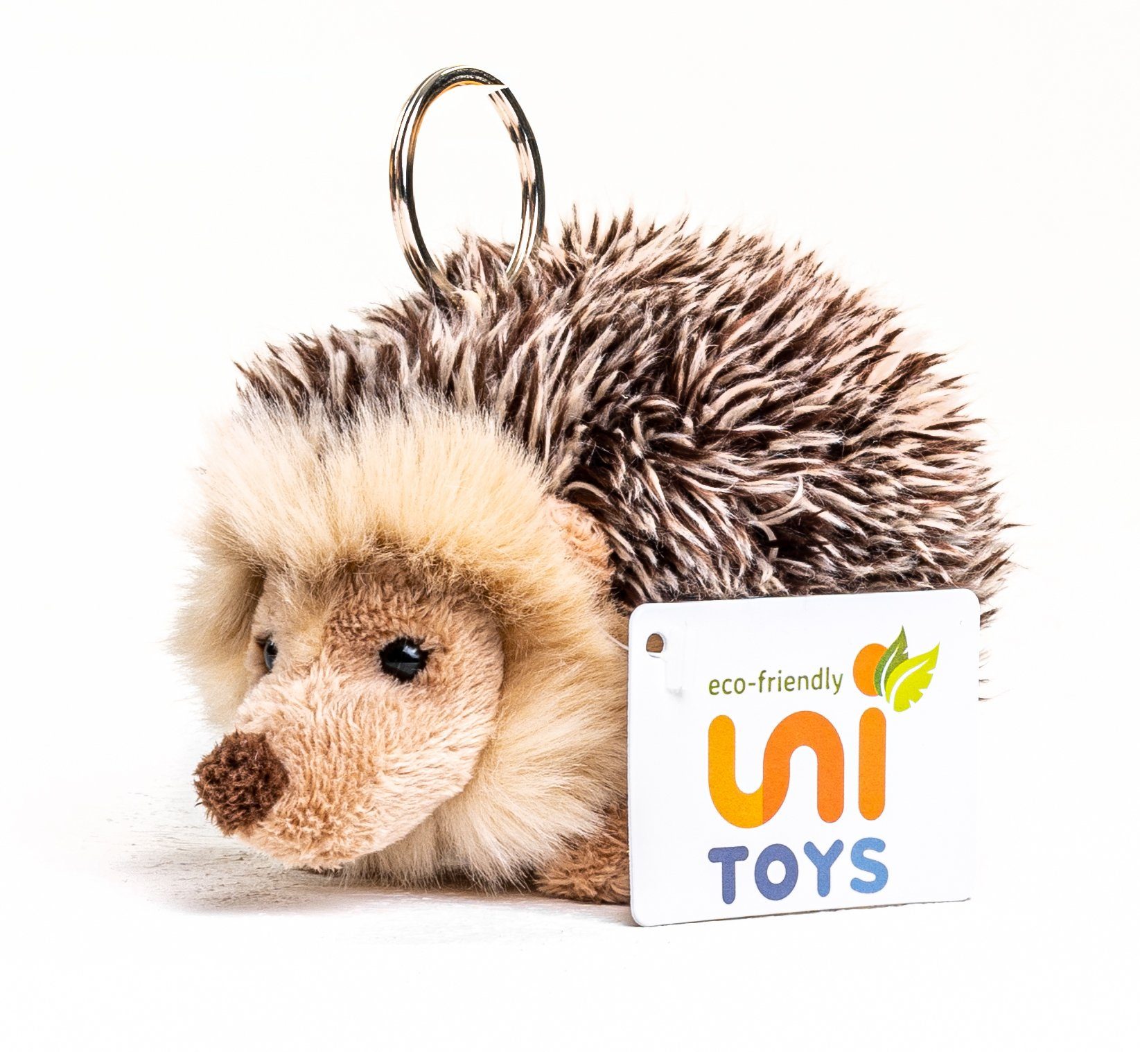 Uni-Toys Kuscheltier Igel mit Schlüsselanhänger - 13 cm (Länge) - Plüsch-Igel - Plüschtier, zu 100 % recyceltes Füllmaterial