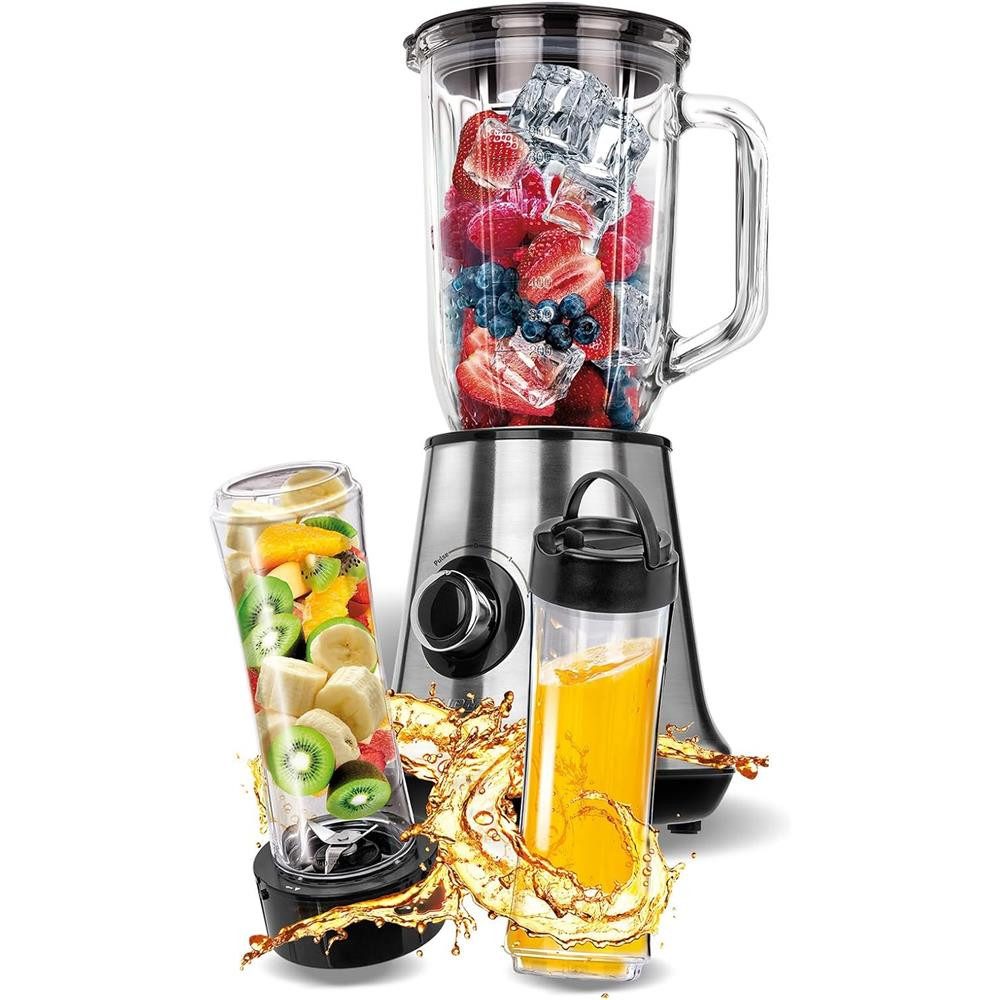 MPM Elektrisches Rührwerk MBL-15M Bechermixer-Set, 1 l Glaskrug, 2 Mixflaschen, 450 W, PULSE-Funktion, Startschutz, BPA-freie To-go-Flaschen