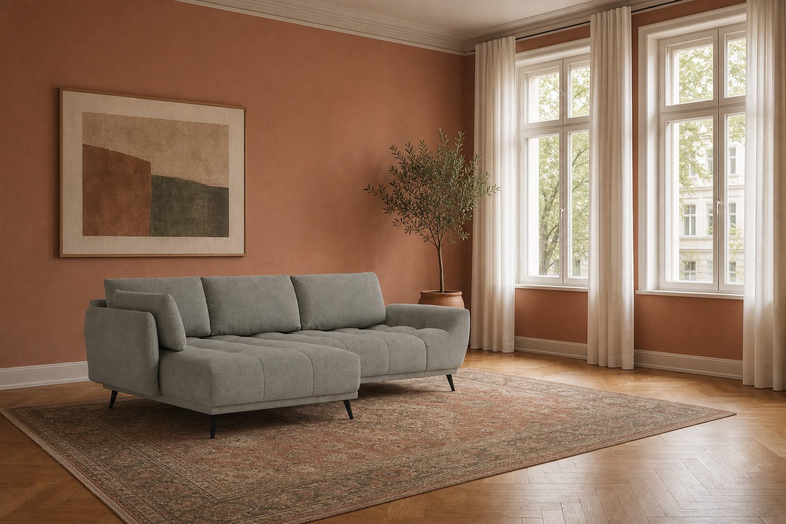 foamnova Ecksofa Ferrara, mit Recamiere, Maße B 270 × T 169 × H 68 cm, Echt bezogener Rücken – auch frei im Raum stellbar
