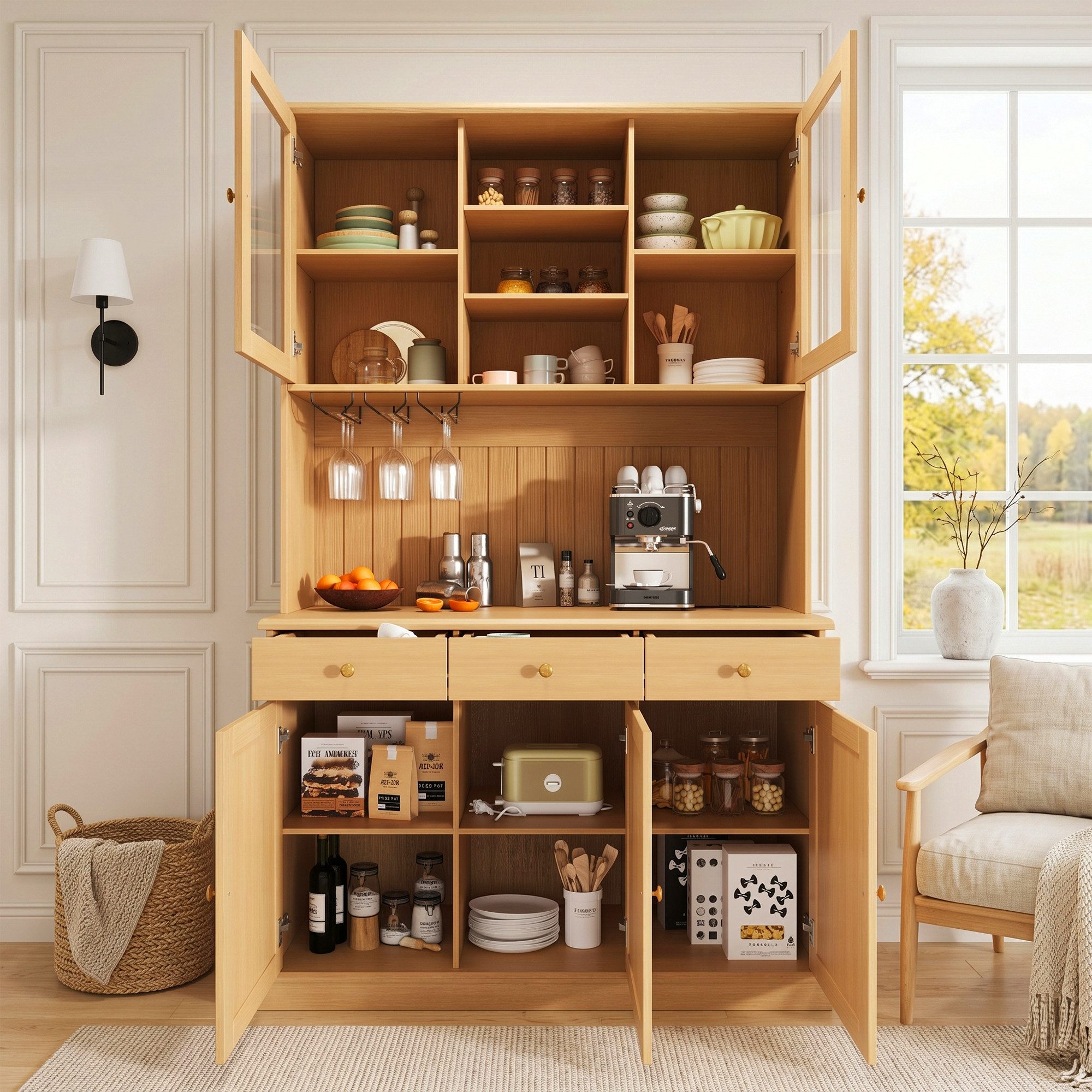 Flieks Küchenbuffet mit Steckdosen, Gläserhalter, Schubladen und Glastüren (Arbeitsplatte mit USB-C- und USB-A-Anschlüssen, 1-St., 120x40x191 cm) Hochschrank Küchenschrank Geschirrschrank mit verstellbarer Ablagen