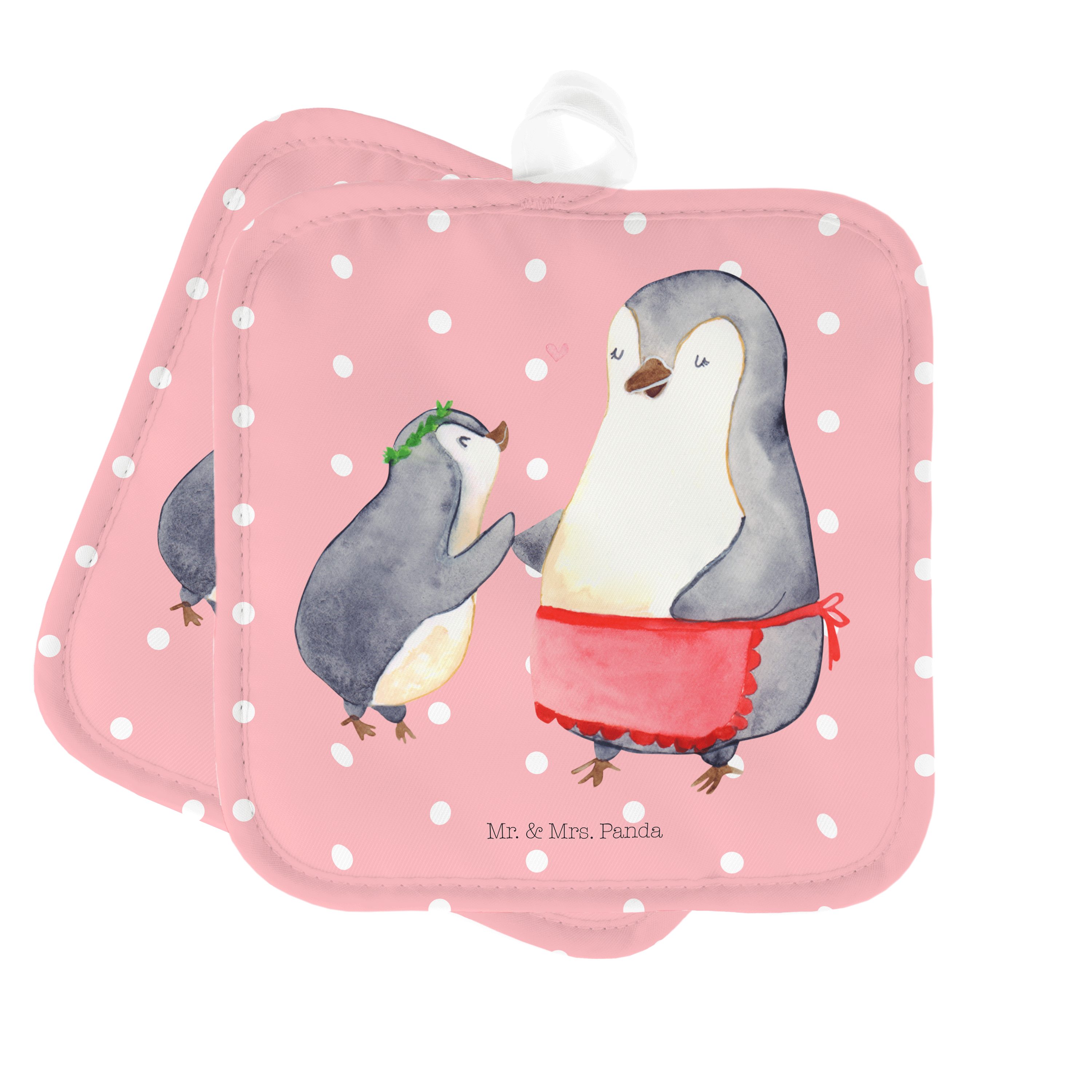 Mr. & Mrs. Panda Topflappen Pinguin mit Kind - Rot Pastell - Geschenk, Muttertag, Geburststag, Li, (1-tlg)