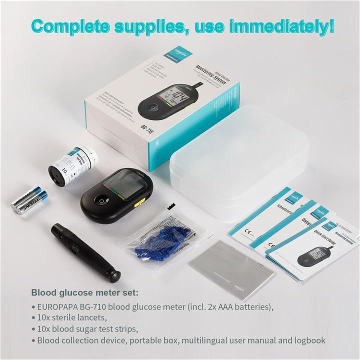 EUROPAPA Blutzuckermessgerät Blutzuckermessgerät für Blutzuckers Selbstkontrolle, 50 Stk Blutzuckerteststreifen und 50 Stk Blutlanzetten und Stechhilfe, Blutzuckermesssystem Diabetes-Set mg/dL