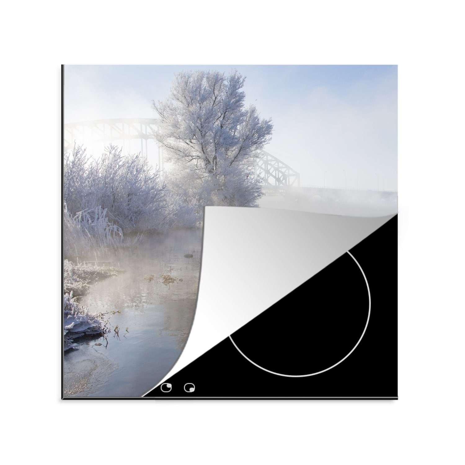 MuchoWow Herdblende-/Abdeckplatte Schwäne - Wasser - Winter, Vinyl, (1 tlg), 78x78 cm, Ceranfeldabdeckung, Arbeitsplatte für küche