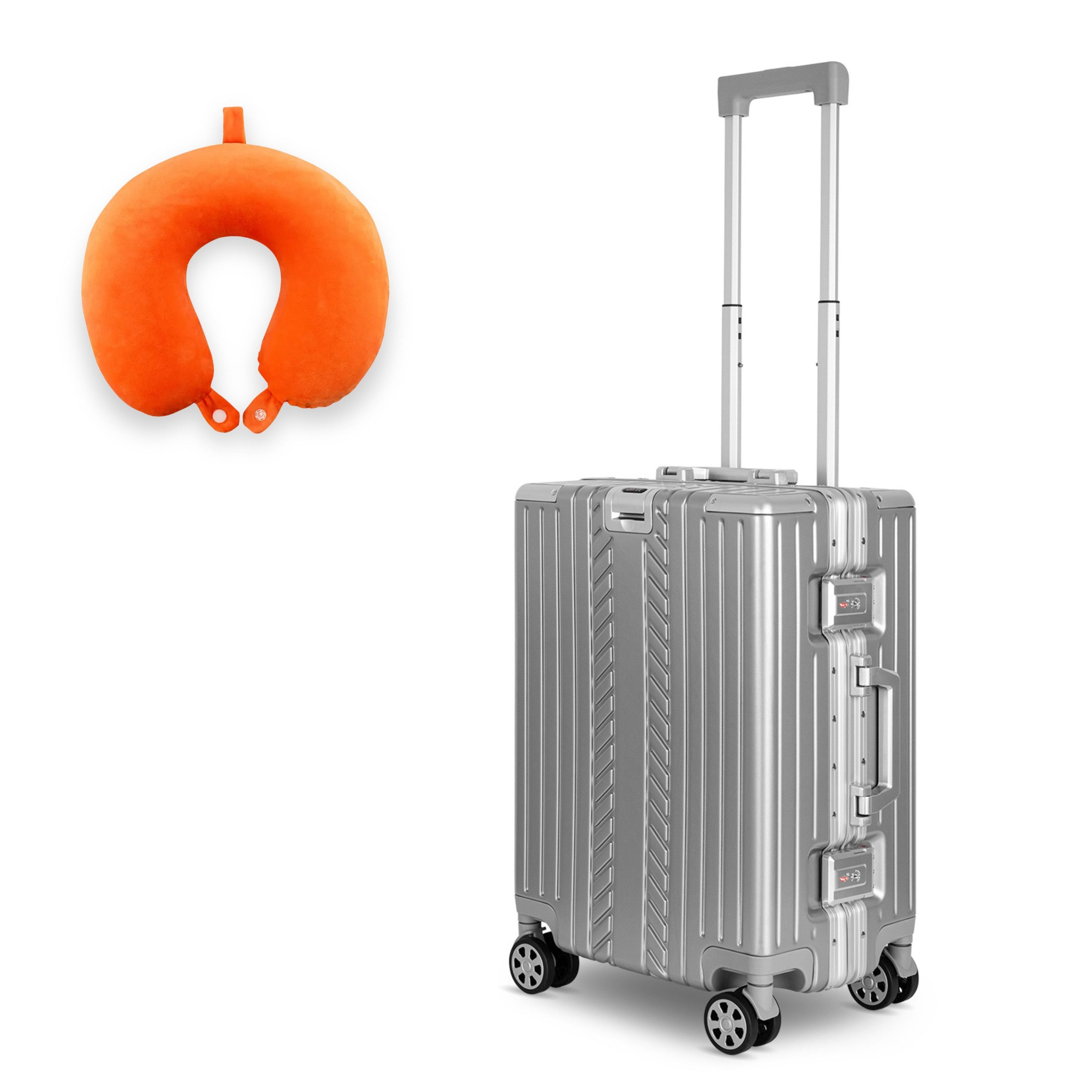 WINLIFE Trolley Hartschalen-Koffer Alu-Rahmen Silber Trolley M, L, XL + Nackenkissen, 4 Doppelrollen Rollen, ABS+PC-Hartschale, TSA-Zahlenschloss, 360°-Doppelrollen