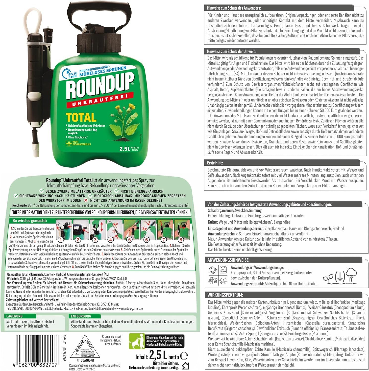 ROUNDUP Unkrautbekämpfungsmittel Roundup Unkrautfrei TOTAL, 2,5 L Drucksprühsystem -