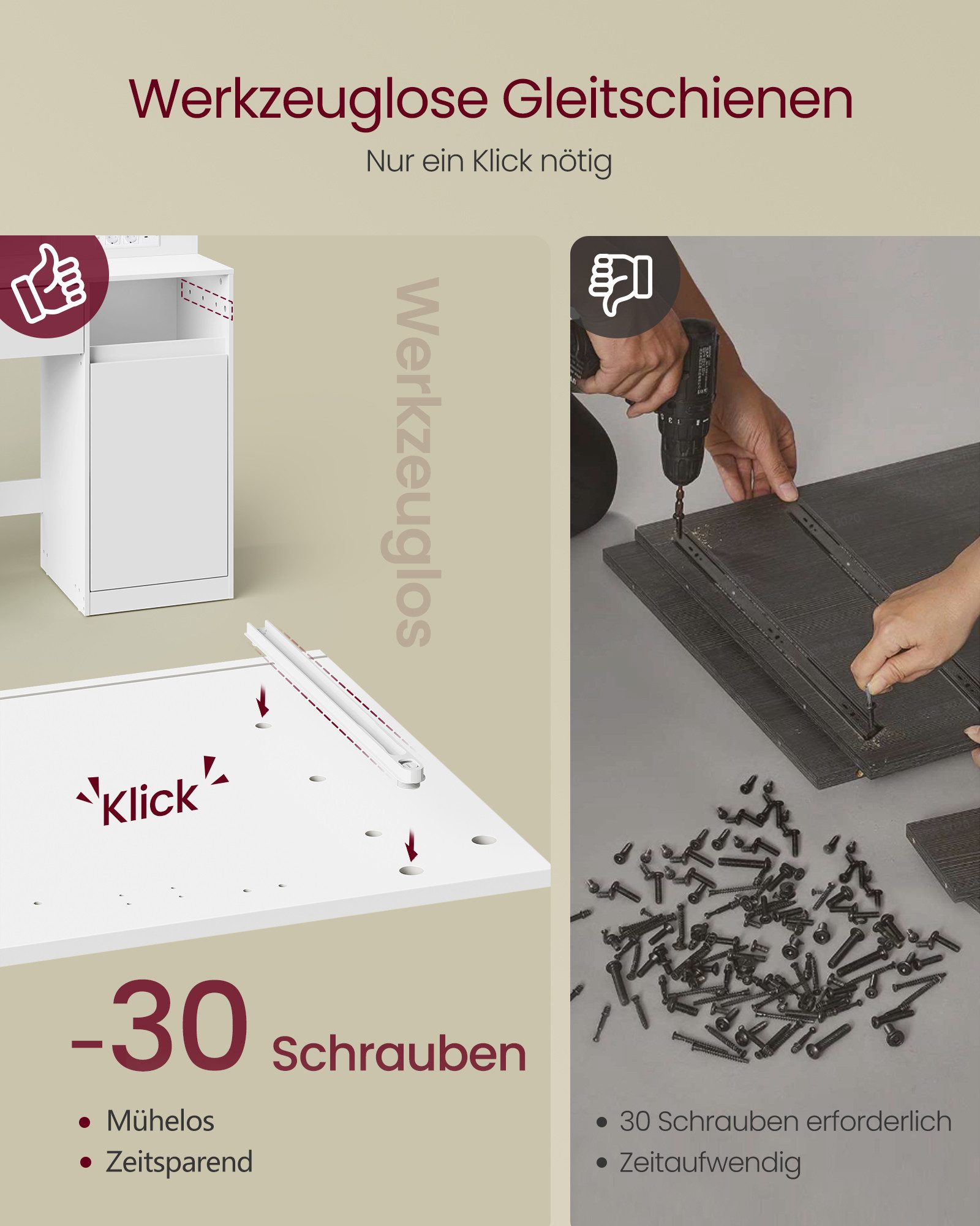 VASAGLE Schminktisch mit Spiegel und LED-Leuchten, Steckdosenleiste, Schubladen (1 Tisch), 2 Schränke, 9 dimmbare Glühbirnen, 3 Lichtfarben, verstellbare Ablagen