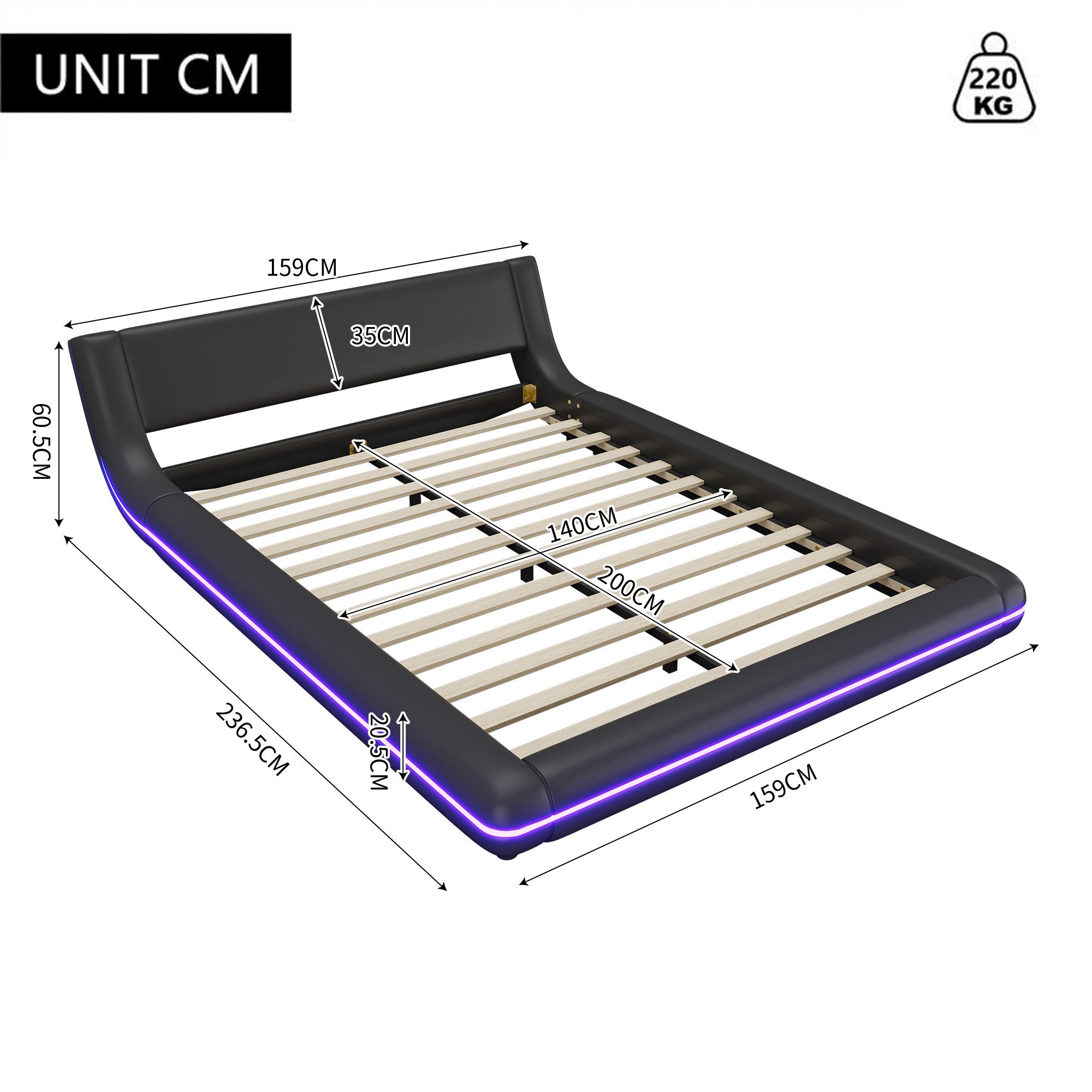 Ulife Polsterbett modern Design Doppelbett mit LED-Umgebungslicht Lattenros günstig online kaufen