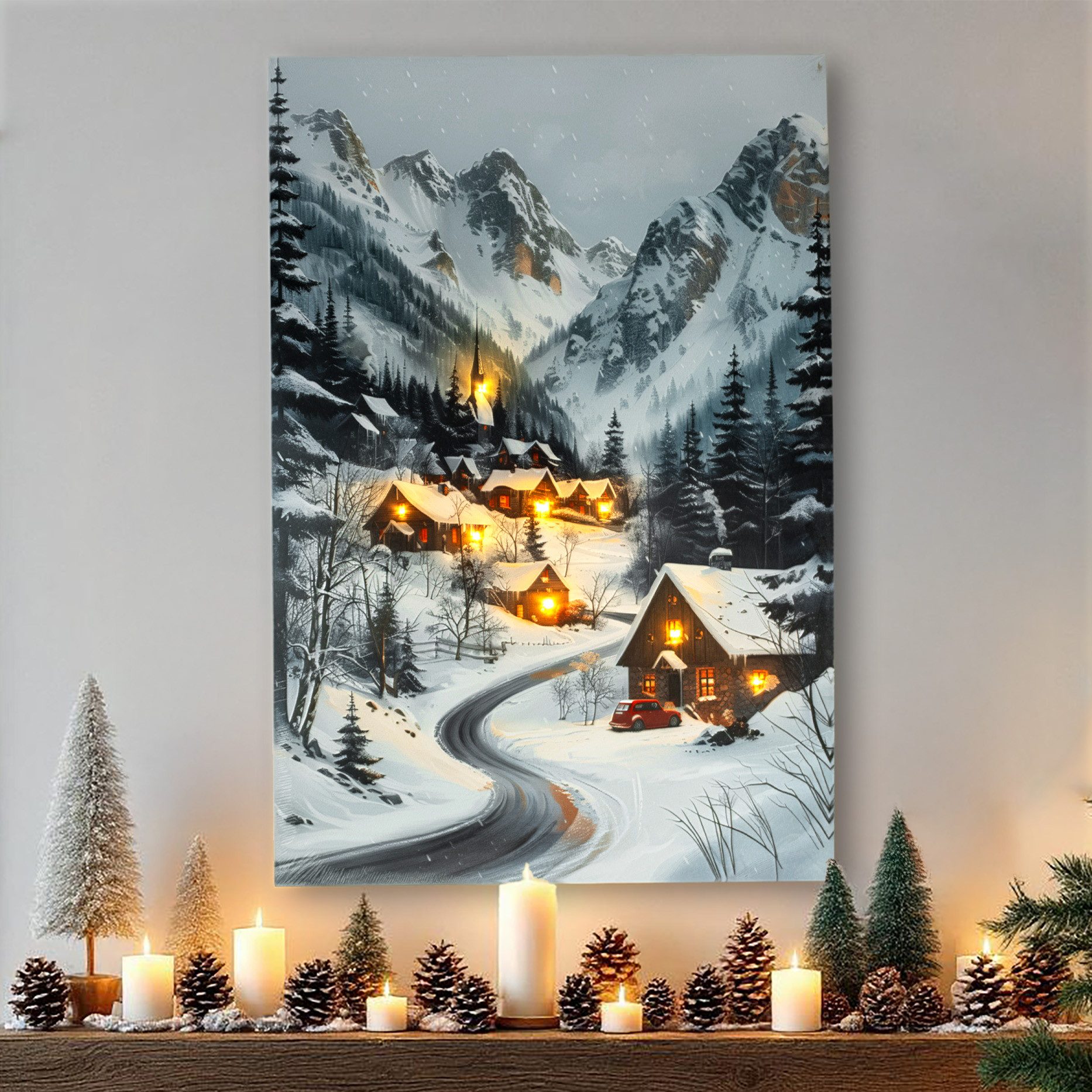 Spetebo Wandbild Weihnachts Wandbild mit LED Beleuchtung - 58 x 38 cm, Weihnachtsbild (Anzahl, 1 St), mit Öse zum Aufhängen