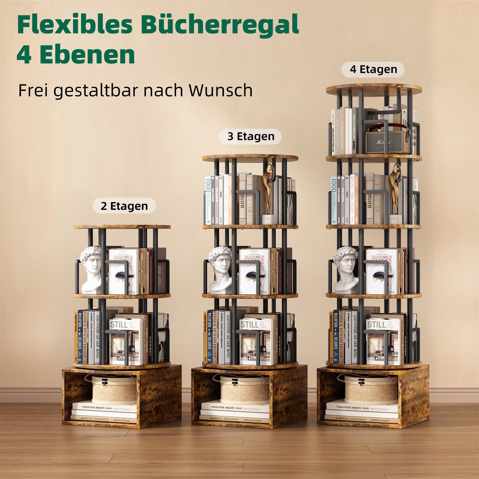 Kalrin Bücherregal 360° Drehbarer Bücherregal 5-Ebenen mit Unterschrank, Platzsparendes Standregal für Wohnzimmer & Schlafzimmer