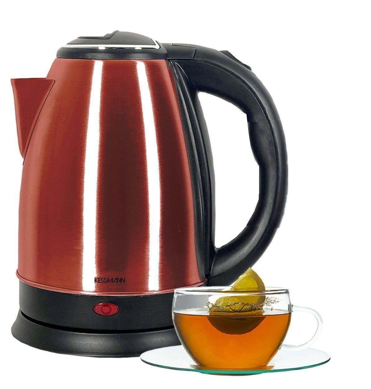 KESSMANN MICHELINO Wasserkocher Edelstahl 1,8 L Abschaltautomatik elektrischer Kettle 2 Teegläser rot, 1.8 l, 1800,00 W, Wasseraufbereiter Schnelles aufheizen Wasser heizen kochen Aufwärmen