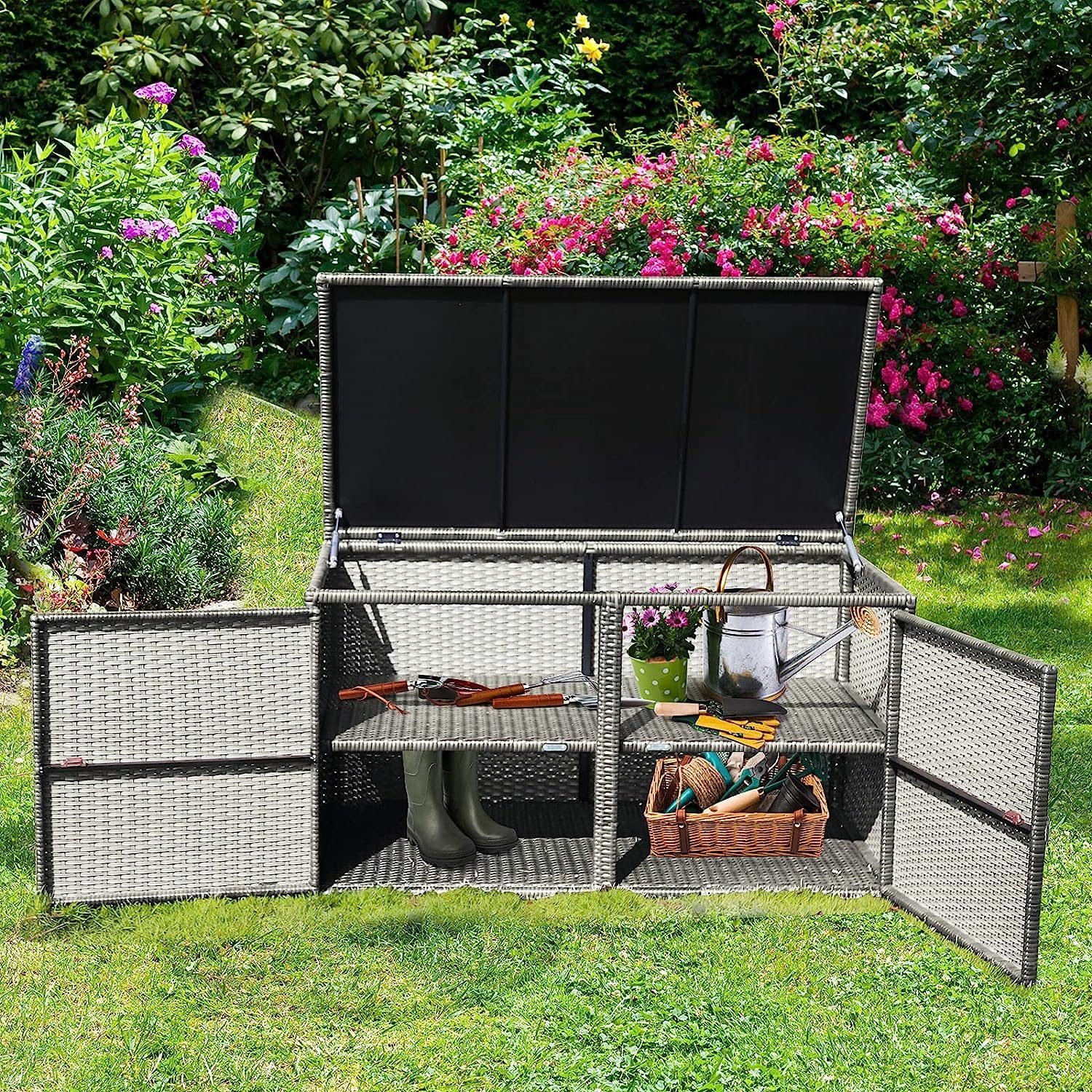 KOMFOTTEU Auflagenbox Kissenbox, 335L Polyrattan Aufbewahrungsbox